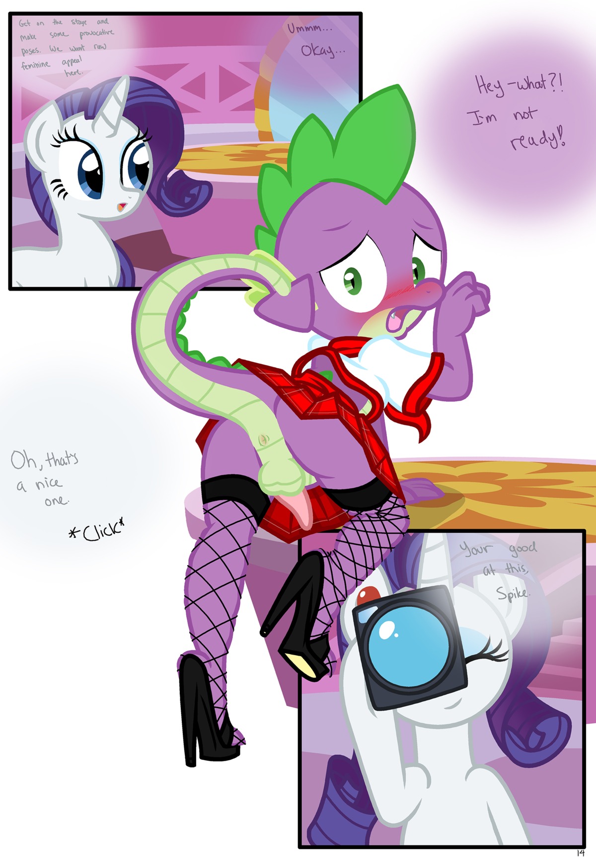 absurd_res anthro anus backsack balls blue_eyes blush bottomwear camera clothed clothing comic dialogue dragon duo e621 embarrassed english_text equid equine erection eyes_closed eyeshadow fangs female femboy feral fishnet_clothing footwear friendship_is_magic fur genitals green_eyes hair hasbro hi_res high_heels horn inside looking_at_viewer looking_back makeup male male_focus mammal miniskirt mirror my_little_pony mythological_creature mythological_equine mythological_scalie mythology open_mouth penis plaid platform_footwear platform_heels pose pupils purple_body purple_hair purple_scales pyruvate raised_tail rarity_(mlp) rear_view scales scalie school_uniform shirt shoes skirt slit_pupils smile spike_(mlp) spines tail teeth text tongue topwear unicorn uniform white_body white_fur