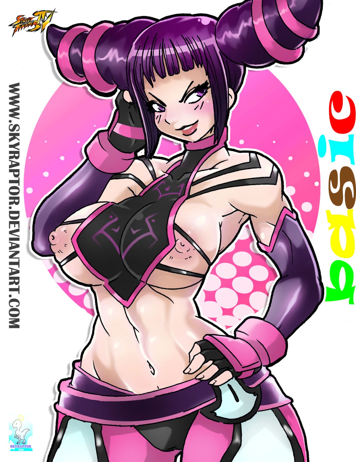 1girls black_hair blush breasts elbow_gloves female female_only fingerless_gloves gloves highres human juri_han large_breasts navel nipples purple_eyes purple_hair rule34 skyraptor solo spikes street_fighter street_fighter_iv underboob