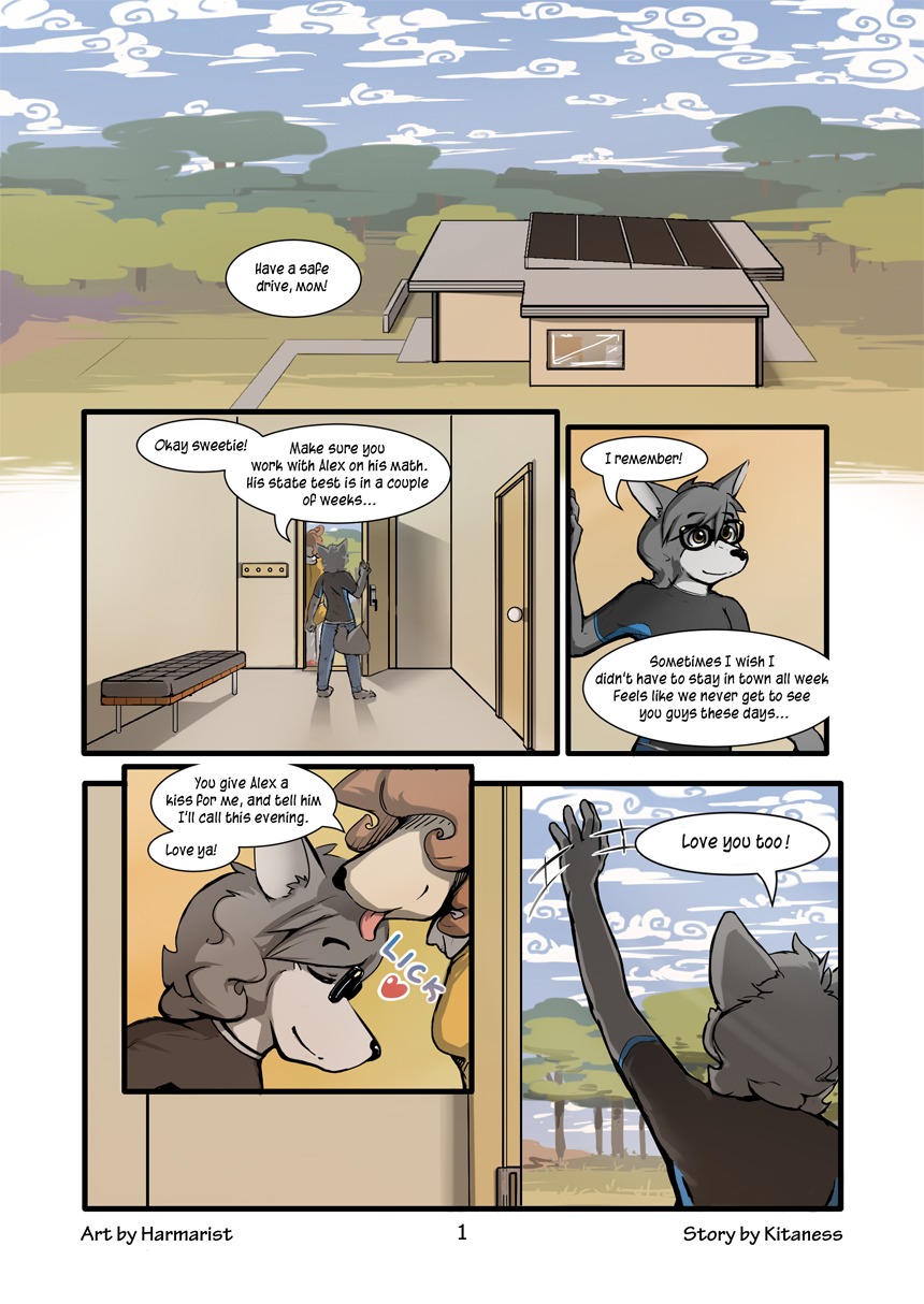 adolescent anthro barefoot canid canine canis clothed clothed_anthro clothed_male clothing comic dialogue e621 english_text eyewear feet fully_clothed fully_clothed_anthro fully_clothed_male fur glasses happy harmarist heart_symbol hi_res i_love_you licking looking_at_another looking_at_relative male mammal mother_(lore) mother_and_child_(lore) mother_and_son_(lore) multiple_scenes number page_number parent_(lore) parent_and_child_(lore) parent_and_son_(lore) sheath_and_knife smile son_(lore) text tongue tongue_out valerie_(harmarist) will_(harmarist) wolf young young_anthro young_male