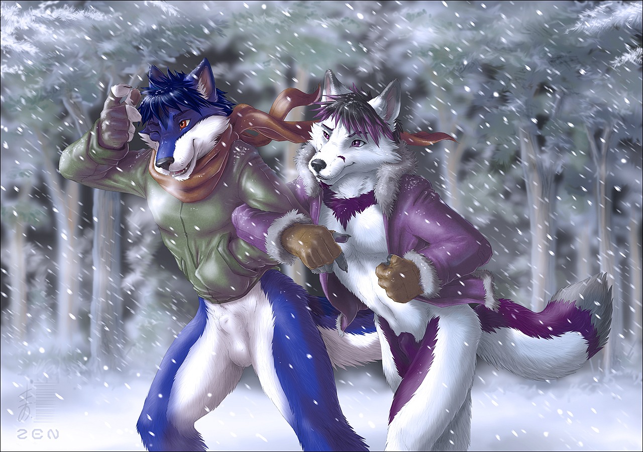 2011 animal_genitalia anthro balls black_nose blue_hair bottomless brown_eyes canid canine canis casual_exposure claws clothed clothing detailed_background duo e621 facial_markings fingerless_gloves fluffy forest fully_sheathed fur genitals gloves hair handwear head_markings jacket male mammal markings one_eye_closed open_clothing open_shirt open_topwear outside plant purple_body purple_clothing purple_eyes purple_fur purple_hair scarf sheath shirt short_hair snow tail topwear tree walking white_body white_fur wind wolf wood zenthetiger