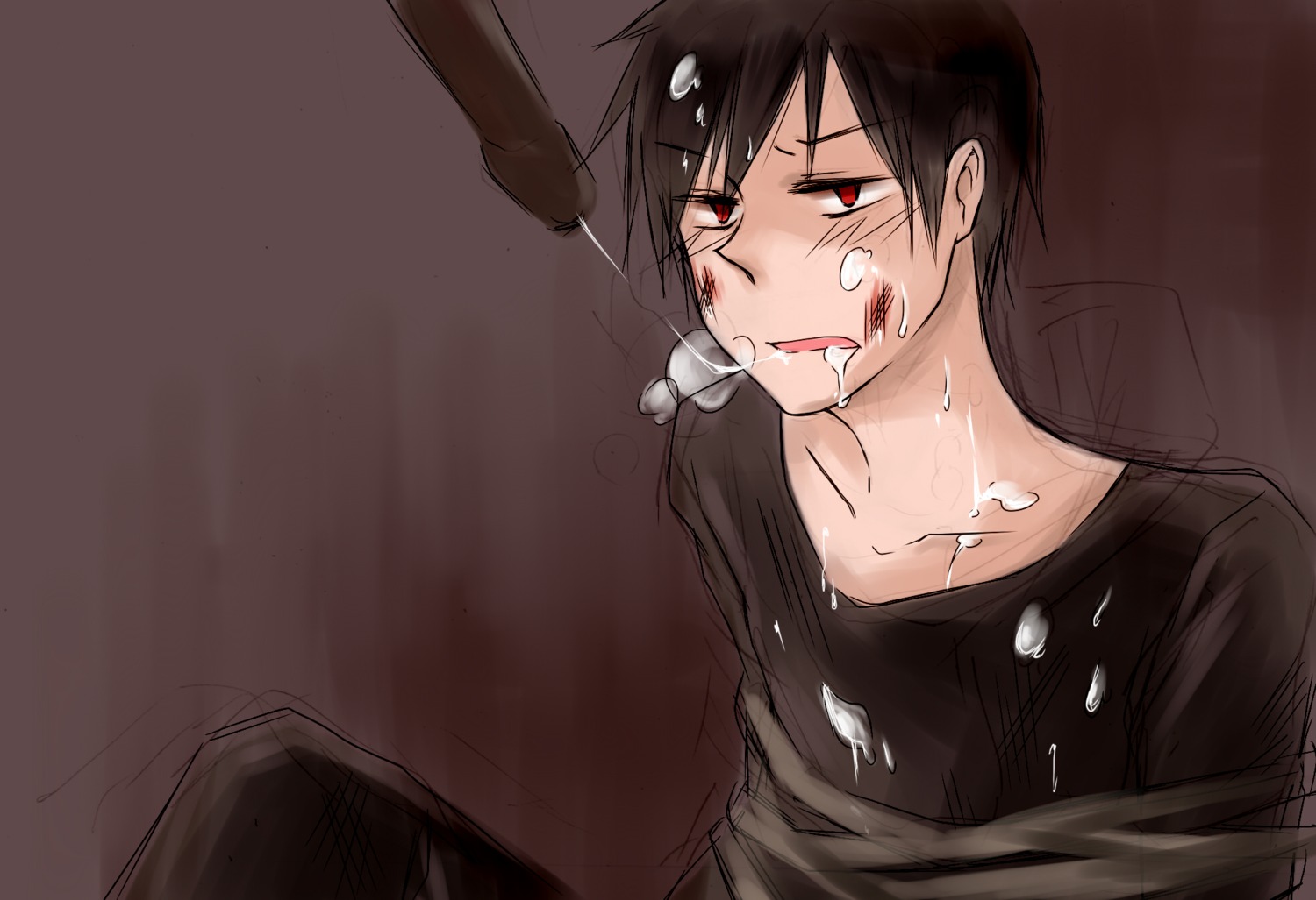 2boys black_hair blood blush cum durarara!! gay male male_only orihara_izaya red_eyes rule34 short_hair yaoi
