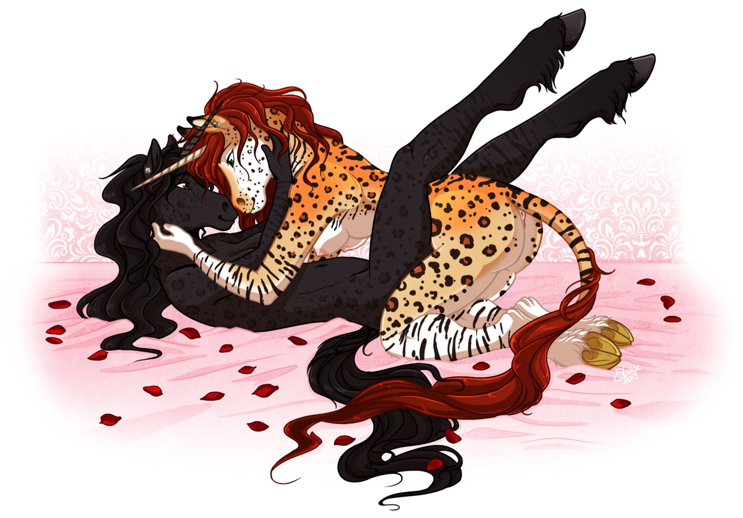 2013 anthro anus breasts butt duo e621 ear_piercing equid equine etuix eye_contact female female/female hi_res hooves horn horse kendra_(jaiyikendra) legs_up looking_at_another lying mammal mythological_creature mythological_equine mythology neysa_(jaiyikendra) nude on_back piercing romantic romantic_couple unicorn