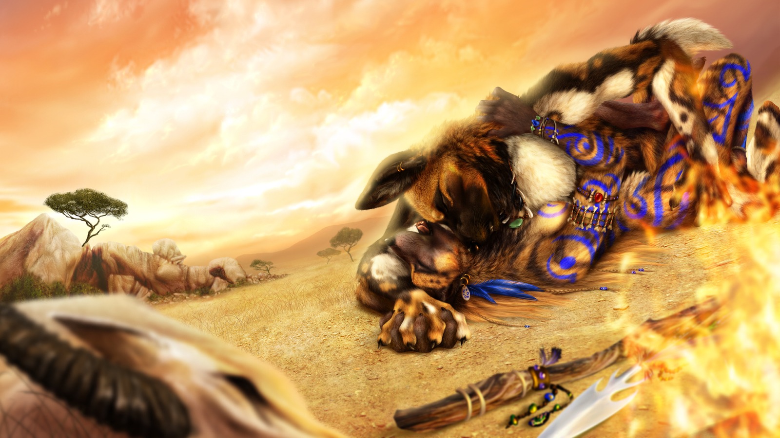 16:9 african_wild_dog anthro anthro_on_anthro biped black_body black_fur blush breasts campfire canid canine duo_focus e621 female from_front_position fur group hair hi_res hyena interspecies jewelry jocarra kikivuli lying male male/female mammal melee_weapon missionary_position multicolored_body multicolored_fur nude on_back open_mouth plant polearm sex sky smile spear striped_hyena tongue tree utunu weapon white_body white_fur widescreen