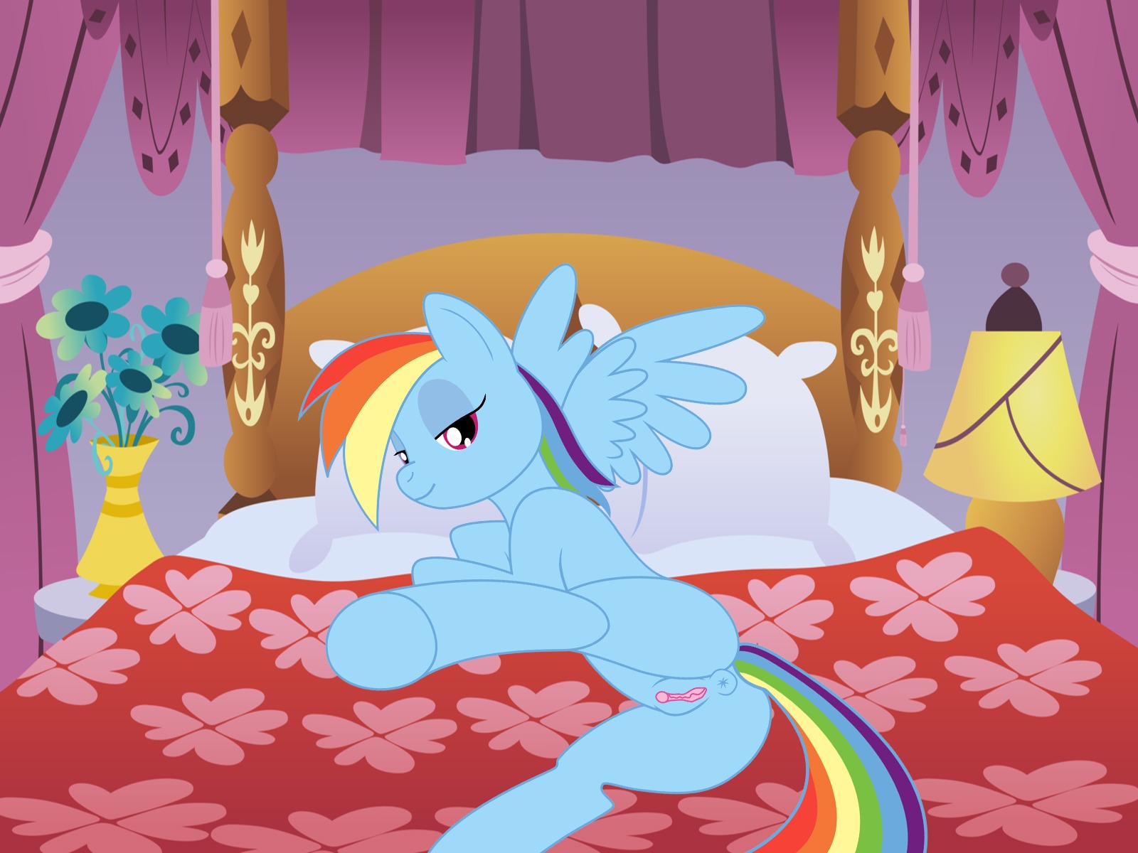 4:3 anus bed blue_body blue_feathers blue_fur butt e621 equid equine feathered_wings feathers female feral friendship_is_magic fur furniture genitals hair hasbro hi_res hooves looking_at_viewer mammal multicolored_hair multicolored_tail my_little_pony mythological_creature mythological_equine mythology natasatch nude pegasus rainbow_dash_(mlp) rainbow_hair rainbow_tail smile solo tail vulva wings
