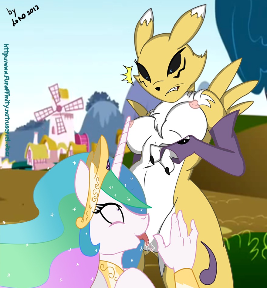 anthro anthro_on_anthro anthrofied armwear bandai_namco black_sclera blue_eyes bodily_fluids breasts bridal_gauntlets canid canine chest_tuft clothing countershading crossover crown cunnilingus digimon digimon_(species) duo e621 el-loko equid equine eye_contact facial_markings female female/female friendship_is_magic fur genitals hair hasbro head_markings headgear horn interspecies looking_at_another mammal markings multicolored_body multicolored_fur multicolored_hair my_little_pony mythological_creature mythological_equine mythology nipples nude oral outside pink_eyes princess princess_celestia_(mlp) renamon royalty saliva sex shocked smile standing surprised tongue tongue_out tuft two_tone_body two_tone_fur unicorn vaginal vulva wet white_body white_fur yellow_body yellow_fur yin_yang