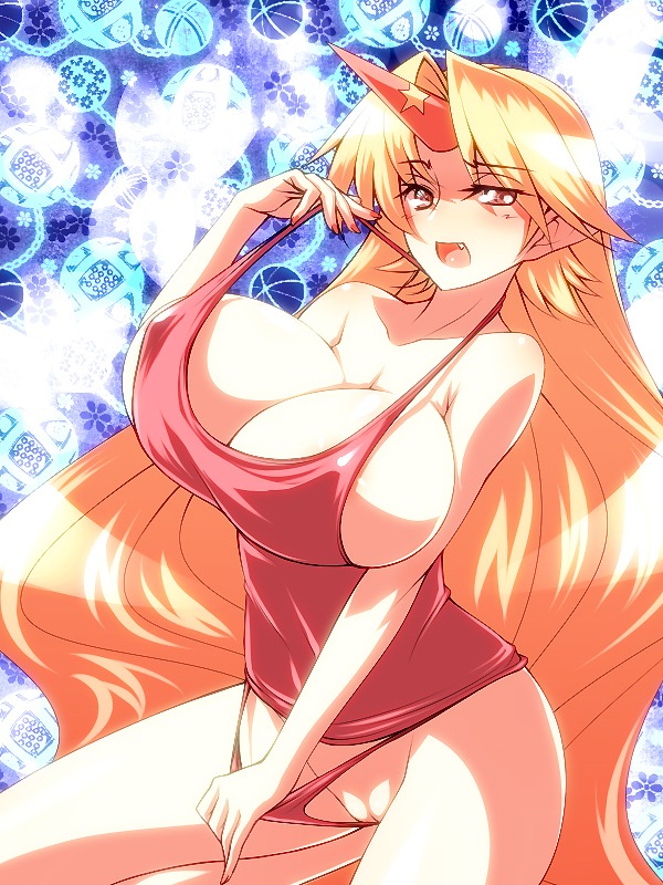 breasts camisole cute female horn horns hoshiguma_yuugi huge_breasts lingerie long_hair naughty_face panties panty_pull pink_panties pointy_ears pussy red_eyes rule34 touhou tro uncensored underwear
