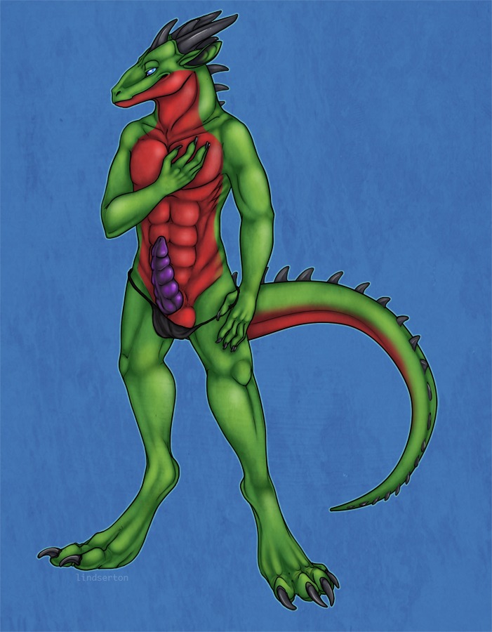 anthro clothed clothing digitigrade dragon e621 erection genitals green_body lindserton_(artist) looking_at_viewer male mythological_creature mythological_scalie mythology nude penis pose rhys_wysios ribbed scalie skimpy solo tail thong underwear