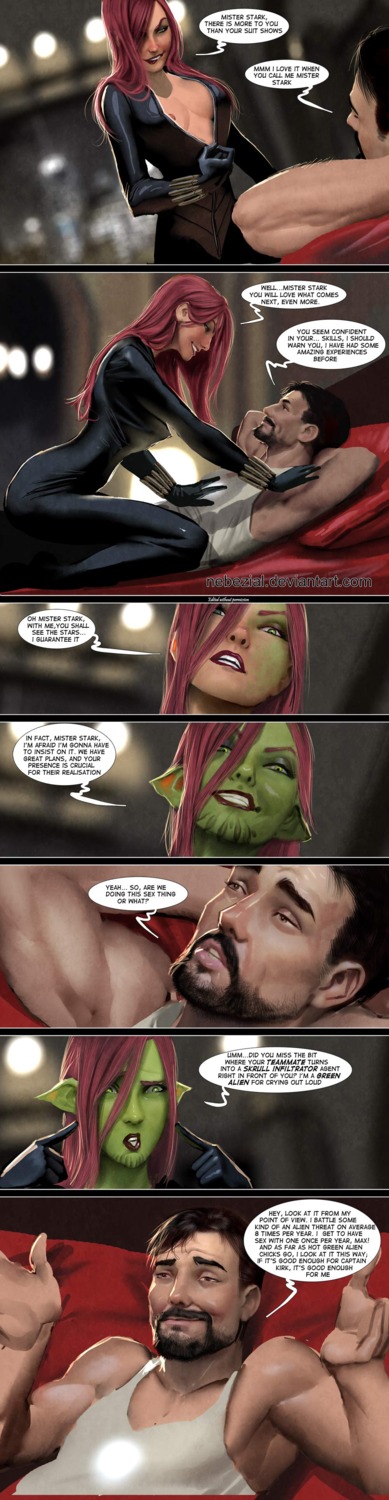 2012 alien alien_girl black_widow_(marvel) catsuit comic female green_skin iron_man male marvel marvel_comics natasha_romanoff rule34 skin_tight skrull stjepan_sejic tony_stark