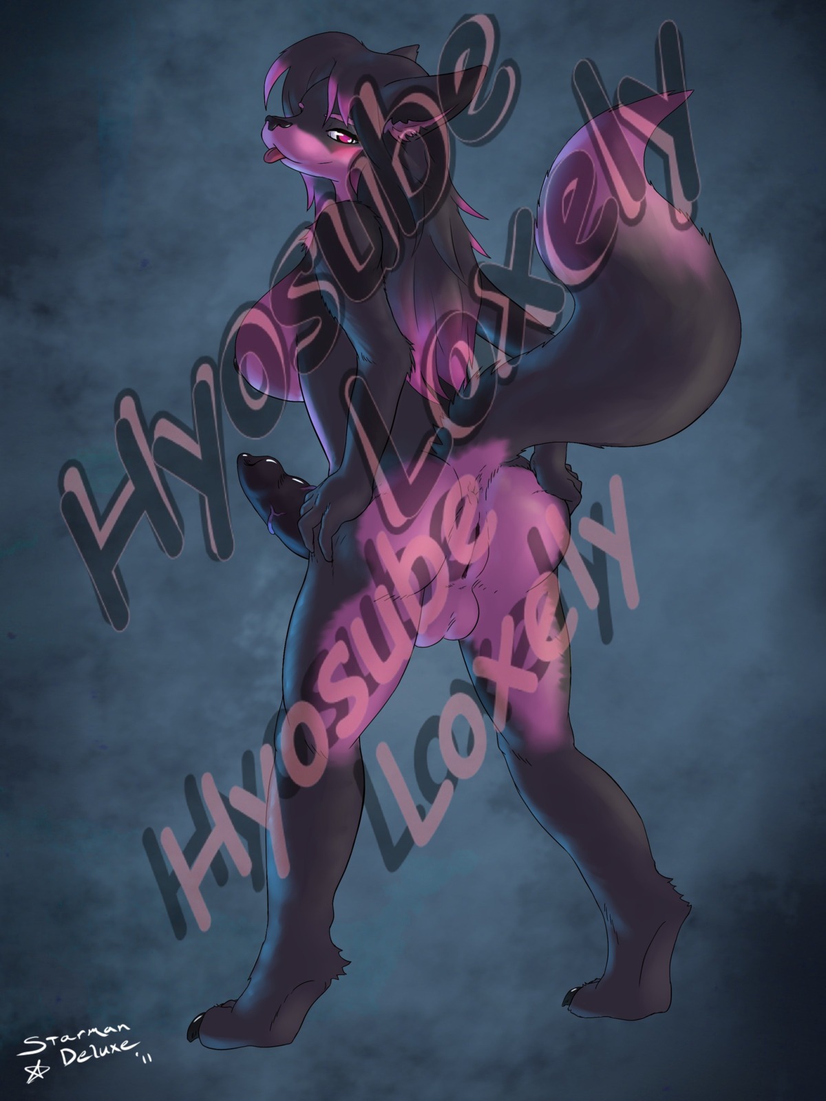 3:4 absurd_res anthro anus backsack balls better_version_at_source biped black_nipples black_penis black_vulva breasts butt canid canine distracting_watermark e621 erection extremely_distracting_watermark fox genitals hair herm hi_res hyosube intersex irreplaceable_bvas long_hair mammal nipples penis pink_eyes presenting presenting_hindquarters raised_tail solo starman_deluxe tail teasing tongue vein vulva watermark