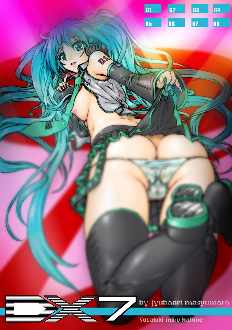 1girl 1girls aqua_eyes aqua_hair ass ass_cleavage ass_crack blurry boots breasts butt_crack clothes_lift depth_of_field detached_sleeves dimples_of_venus female hatsune_miku headphones headset juubaori_mashumaro long_hair looking_back lying medium_breasts naked_thighhighs necktie nipples nude on_stomach open_clothes open_shirt panties panty_pull rule34 shirt side-tie_panties skirt skirt_lift smile solo striped striped_panties thigh_boots thighhighs tied_hair twintails underwear very_long_hair vocaloid