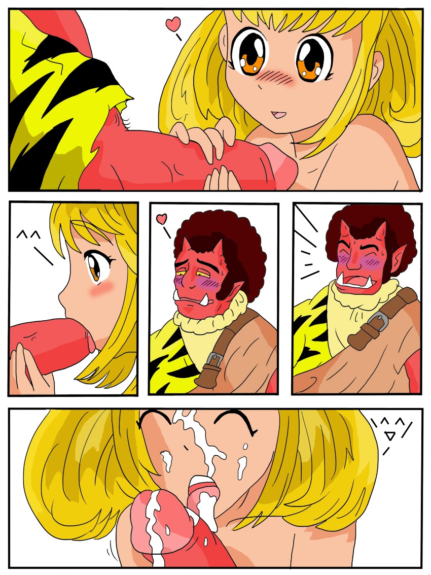 1boy 1girls afro akaoni blonde_hair blush closeup clothing color colored comic cum cumming cure_peace demon duo facial fangs fellatio female handjob happy happy_sex heart horns huge_cock human interspecies licking love male mycrunchycookie oni open_mouth oral oral_sex orgasm panels penis precure pretty_cure red_oni red_skin rule34 smile_precure smile_precure! straight yayoi_kise