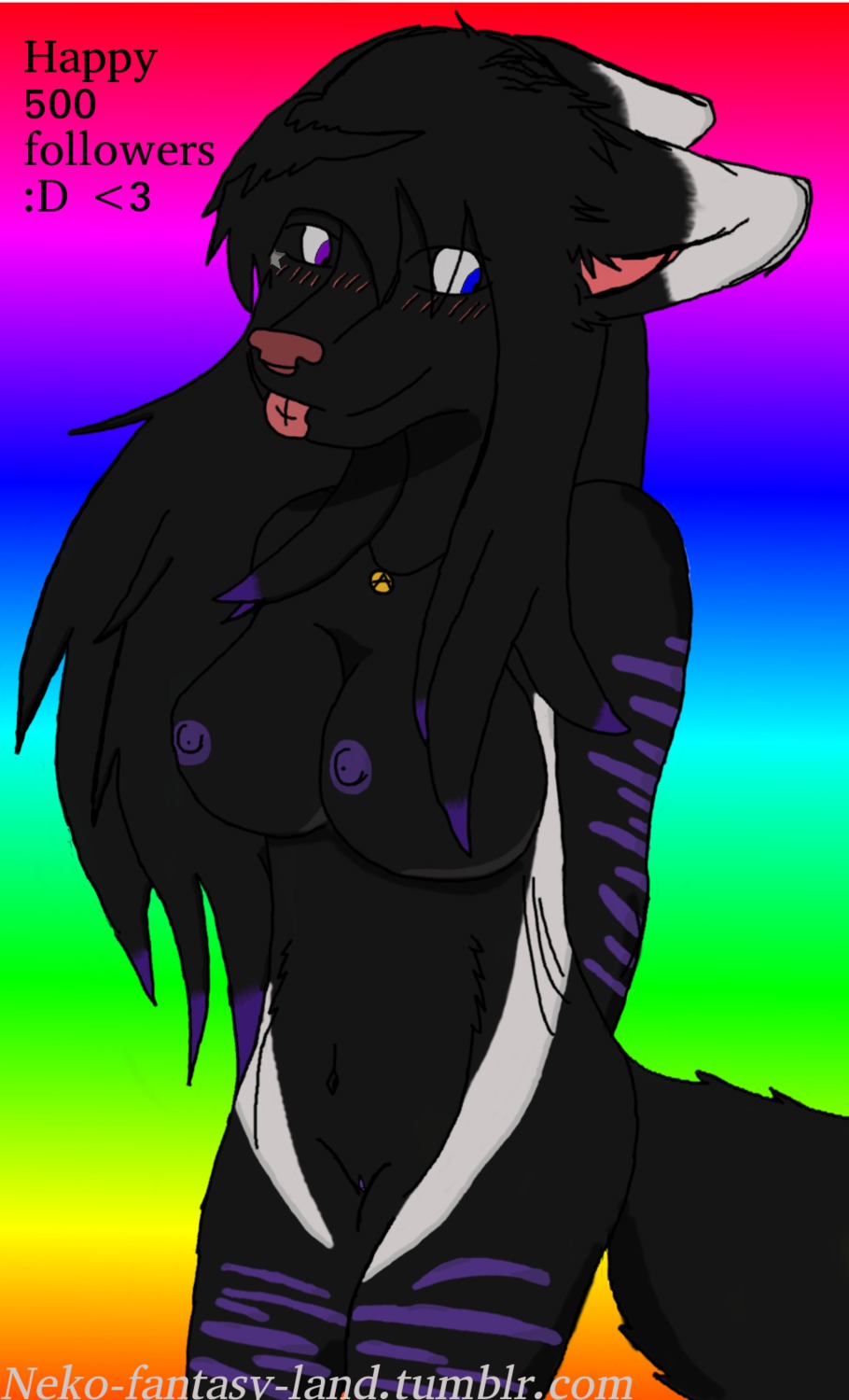 anarchy_symbol anthro black_body black_fur blue_eyes blush breasts e621 female fur genitals gradient_background heterochromia hi_res looking_away neko-fantasy-land nipples purple_body purple_eyes purple_fur purple_nipples purple_stripes rainbow rainbow_background rei_inktail simple_background solo stripes tongue tongue_out vulva