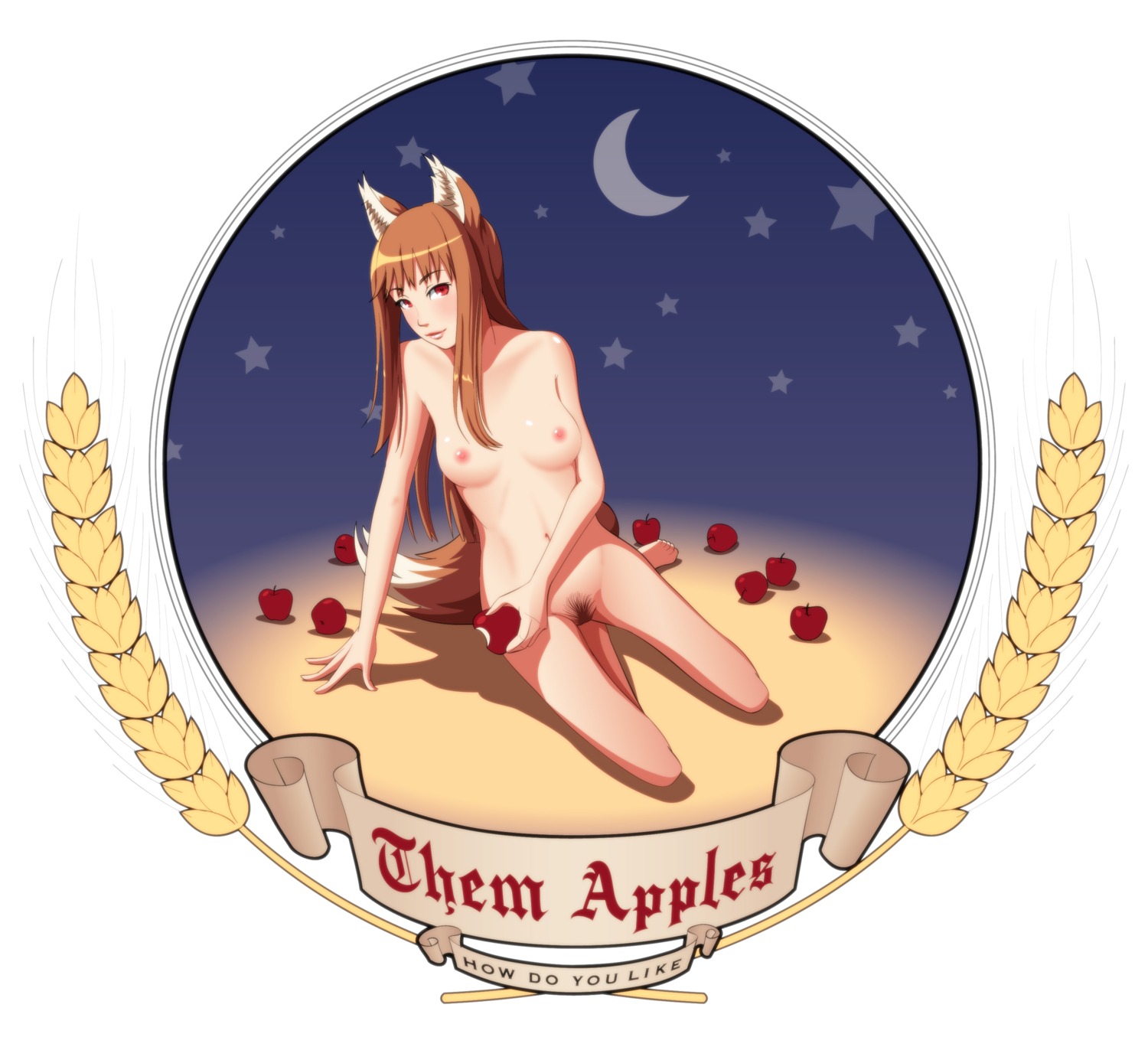 absurd_res animal_humanoid apple barefoot breasts brown_hair canid canid_humanoid canine canine_humanoid canis crescent_moon e621 feet female food fruit genitals hair henry_yao hi_res holo_(spice_and_wolf) humanoid lips long_hair looking_at_viewer mammal mammal_humanoid moon nude plant pubes red_eyes solo spice_and_wolf star tail vulva wolf wolf_humanoid