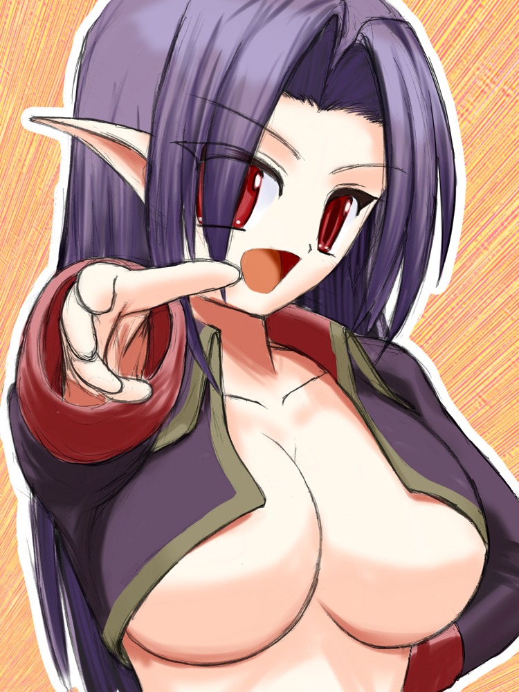 beige_skin breasts clothes color demon disgaea disgaea_1 female female_only front_view grey_hair hair large_breasts long_hair mid-boss nippon_ichi_software open_clothes open_eyes open_mouth pointy_ears red_eyes rule34 rule_63 solo vyres