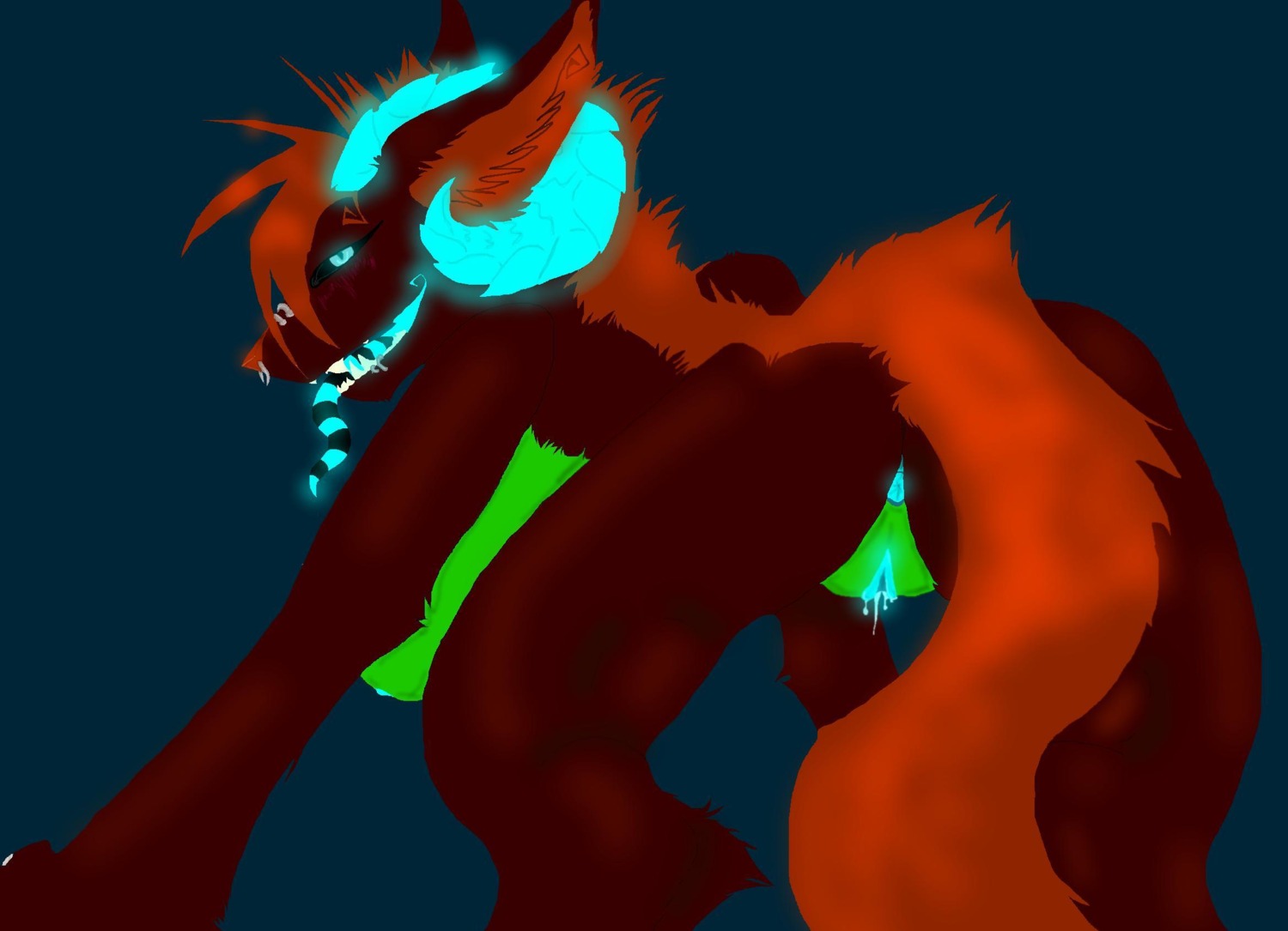 anthro anus bioluminescence biped blue_eyes bodily_fluids breasts butt canid canid_demon canine canis demon domestic_dog e621 female genital_fluids genitals glowing glowing_anus glowing_eyes glowing_genitalia glowing_insides glowing_nipples glowing_tongue glowing_vulva hair hellhound hi_res horn mammal mythological_canine mythological_creature mythology nipples nude orange_hair simple_background solo tail tongue unknown_artist unusual_insides vaginal_fluids vulva