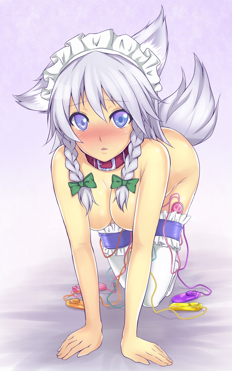1girls 2d all_fours animal_ears blue_eyes blush bow braid breasts collar color dog_ears dog_girl dog_tail egg_vibrator female female_only front_view fur furry_ears furry_tail grey_fur grey_hair hair highres inu_sakuya large_breasts long_hair looking_at_viewer maid_headdress makita_(twosidegekilove) nude open_eyes pointy_ears sakuya_izayoi sex_toy short_hair simple_background solo stockings tail team_shanghai_alice thighhighs touhou twin_braids uncensored vibrator vibrator_in_thighhighs