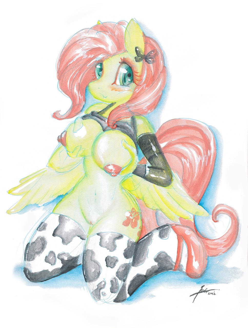 2013 anthro anthrofied biped blush breasts clothing cutie_mark e621 equid equine feathered_wings feathers female fluttershy_(mlp) footwear friendship_is_magic full-length_portrait fur genitals green_eyes hair hasbro hi_res kneeling legwear mammal mirapony my_little_pony mythological_creature mythological_equine mythology nipples pegasus pink_hair portrait simple_background socks solo vulva white_background wings yellow_body yellow_feathers yellow_fur