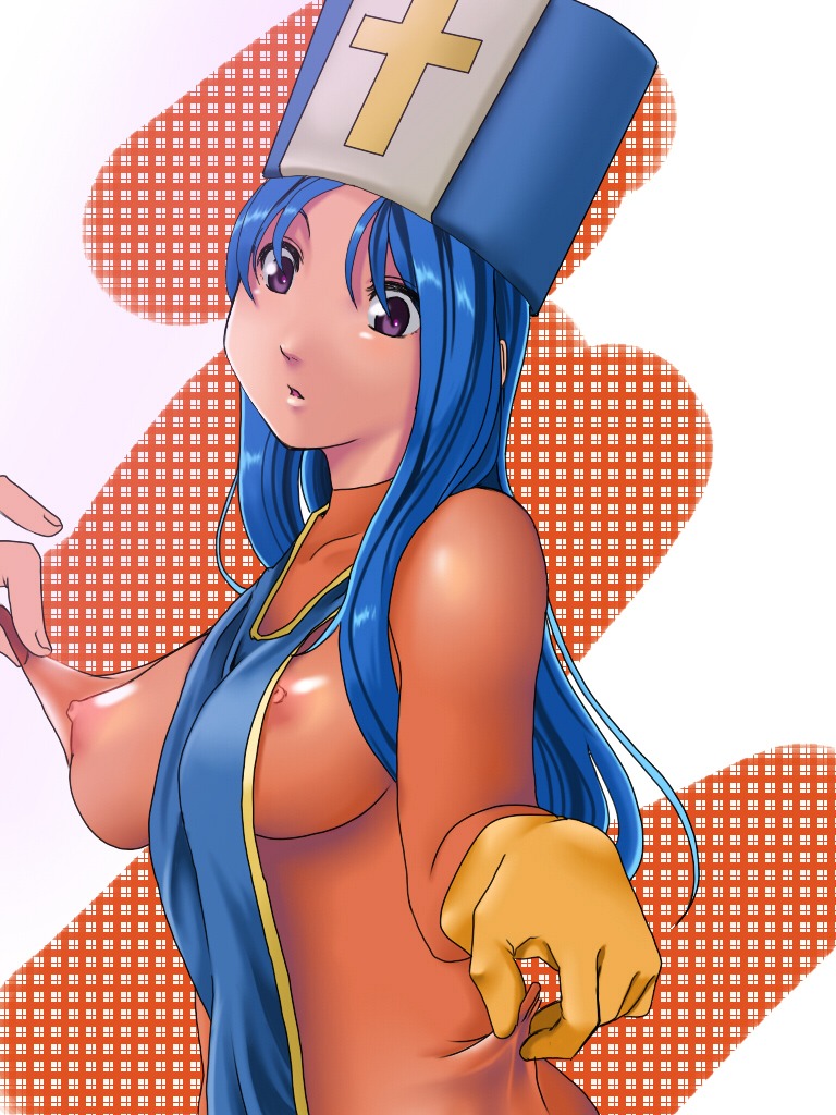 bodysuit breasts clothing dragon_quest dragon_quest_iii erect_nipples erect_nipples_under_clothes female gloves hat latex latex_gloves long_hair medium_breasts mitre nipples no_name_ninja priest priest_(dq3) purple_eyes rule34 see-through sideboob tabard