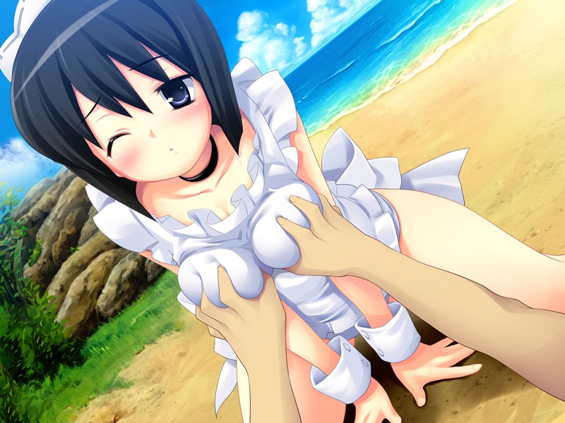beach black_hair blush breast_grab breasts female game_cg kneeling large_breasts ocean purple_eyes rule34 siesta_(zero_no_tsukaima) team-tanabe wink zero_no_tsukaima
