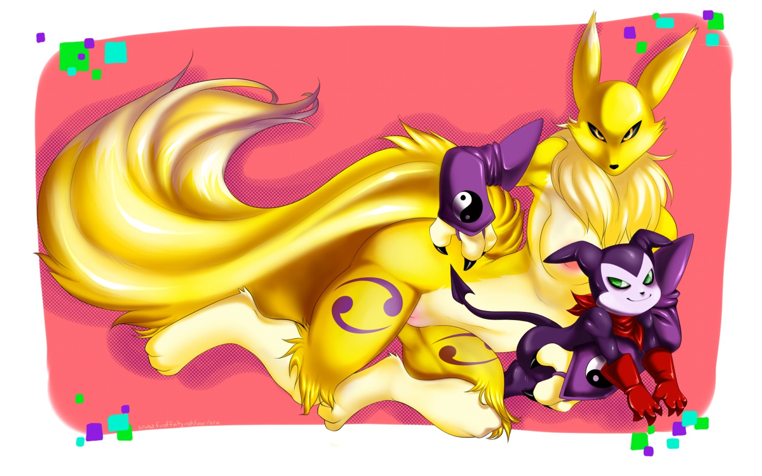 anthro black_nose black_sclera breasts canine claws color demon digimon digimon_(species) female fox fur furry furry_breasts furry_ears furry_tail gloves imp impmon male monster_boy purple_skin renamon rule34 size_difference tagme tail white_skin