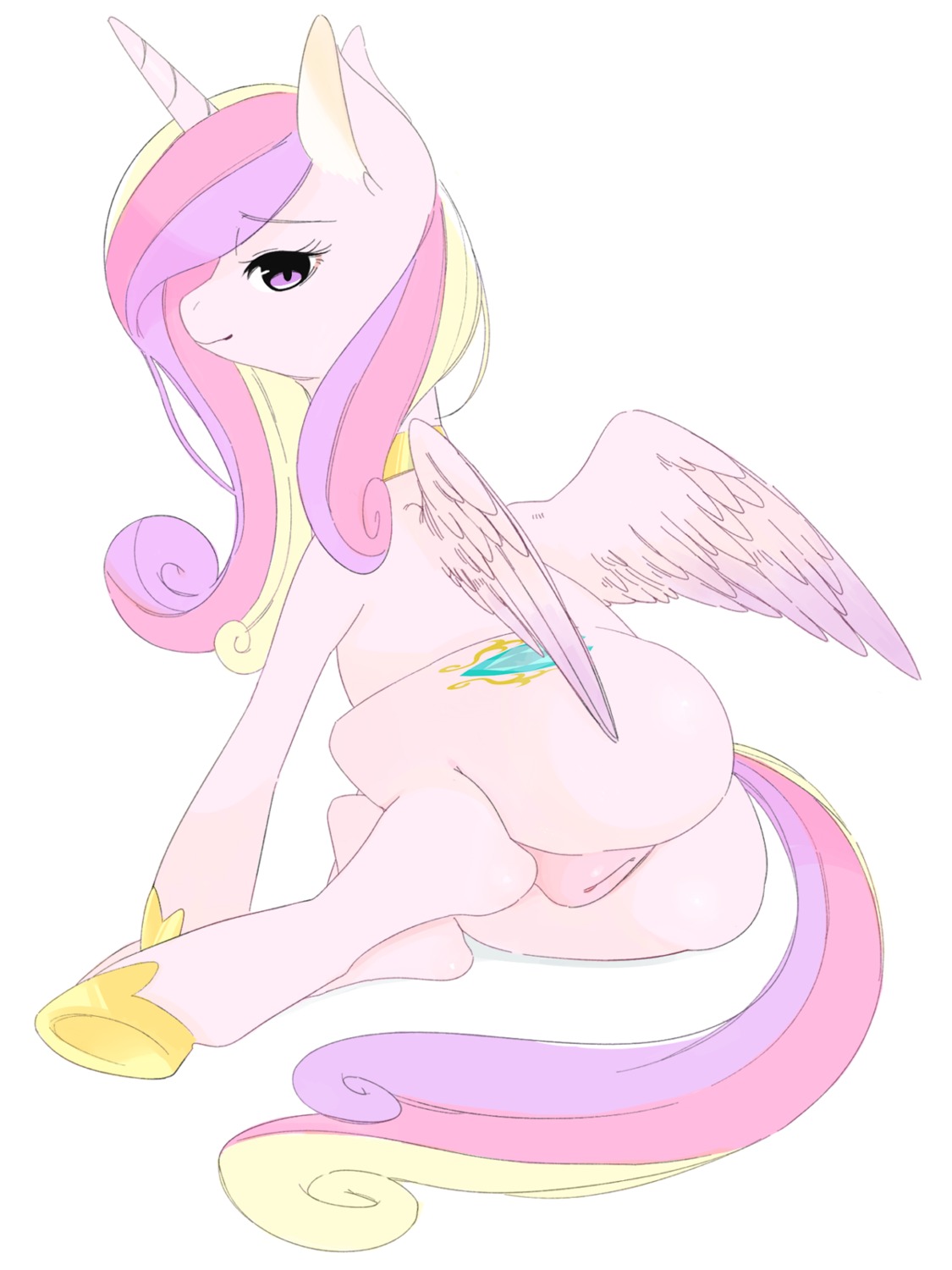 2014 3:4 butt e621 equid equine feathered_wings feathers female feral friendship_is_magic fur genitals hair hasbro hi_res horn japananon long_hair looking_at_viewer mammal my_little_pony mythological_creature mythological_equine mythology pink_body pink_feathers pink_fur princess_cadance_(mlp) simple_background solo vulva white_background winged_unicorn wings