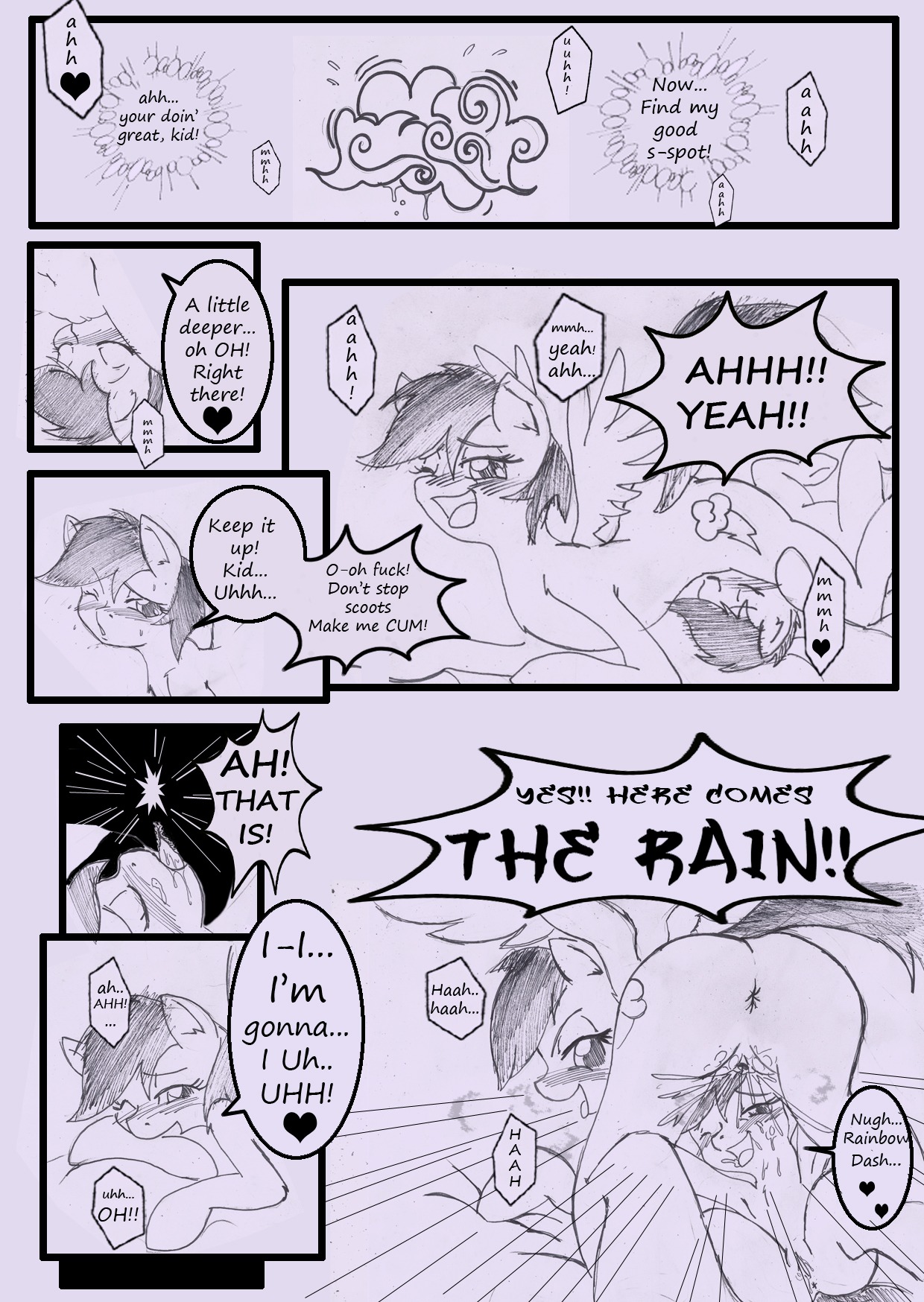 2013 anibaruthecat anus black_and_white blush bodily_fluids comic cunnilingus cutie_mark dialogue duo e621 ejaculation english_text equid equine eyes_closed feathered_wings feathers female female/female feral friendship_is_magic genital_fluids genitals hair hasbro heart_symbol hi_res lying mammal monochrome my_little_pony mythological_creature mythological_equine mythology on_back one_eye_closed open_mouth oral orgasm outside pegasus profanity rainbow_dash_(mlp) scootaloo_(mlp) sex sketch text traditional_media_(artwork) vaginal vaginal_fluids vaginal_squirting vulva wings young young_feral