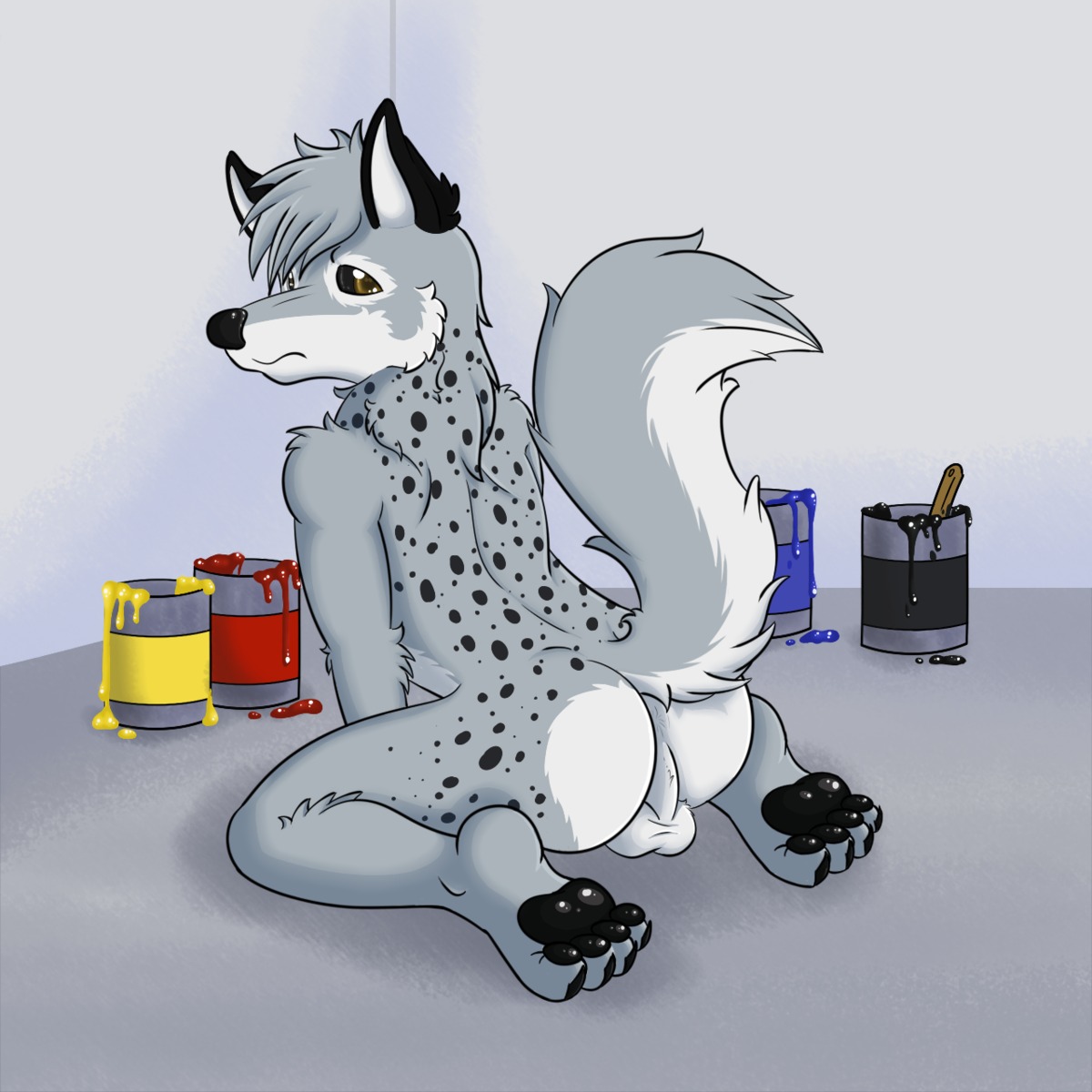 1:1 4_toes anthro anus backsack balls biped bjkgreywolf black_paint blue_paint brush butt canid canine canis e621 feet fur genitals grey_saberklaww_(bjkgreywolf) hi_res hindpaw hybrid hyena looking_back male mammal paint paintbrush pawpads paws presenting presenting_hindquarters raised_tail red_paint simple_background sitting solo spotted_hyena tail toes wolf yellow_eyes yellow_paint