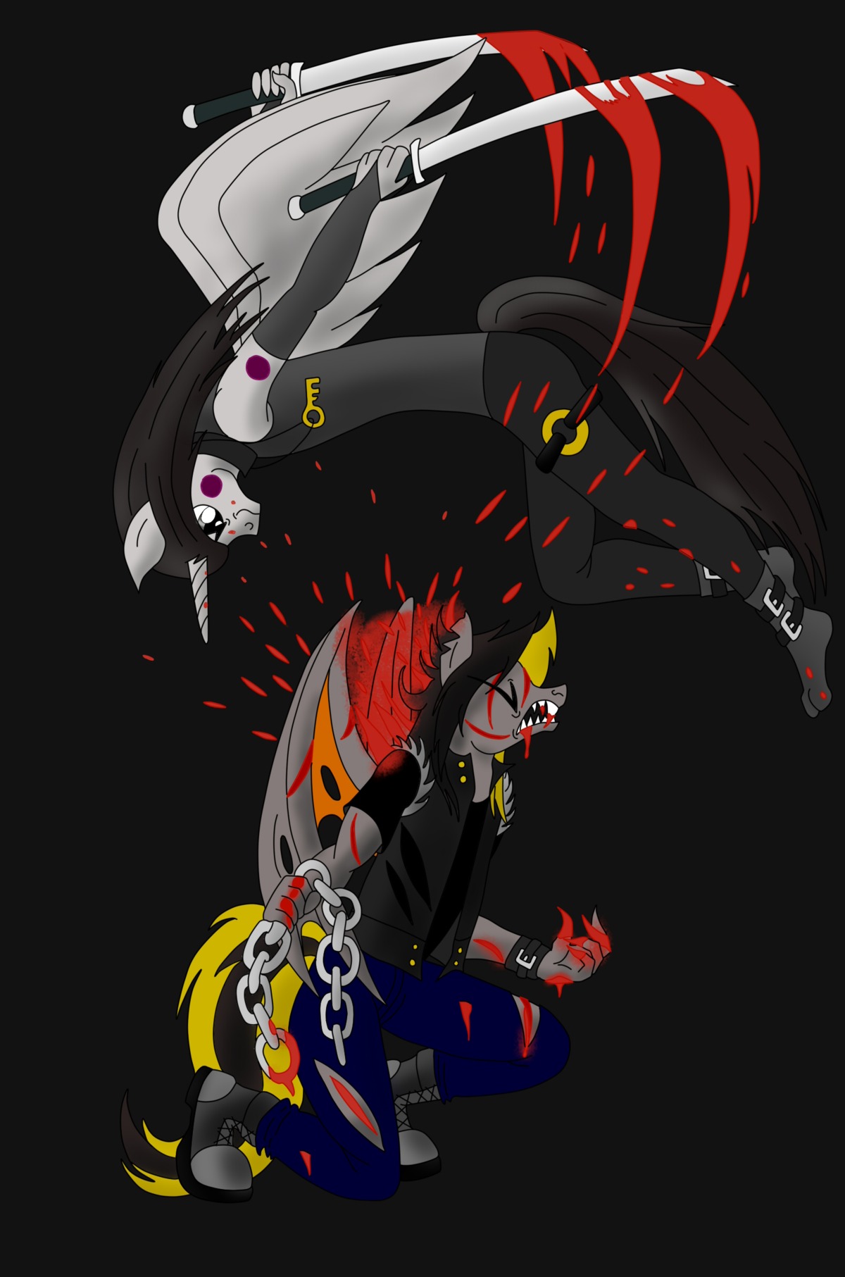5j4c720 absurd_res anthro battle blade blood bodily_fluids chain duo e621 equid equine fan_character feathered_wings feathers fight gore hasbro hi_res horn katana killing male mammal mayem melee_weapon membrane_(anatomy) membranous_wings my_little_pony mythological_creature mythological_equine mythology pegasus sword tail unicorn violence weapon winged_unicorn wings