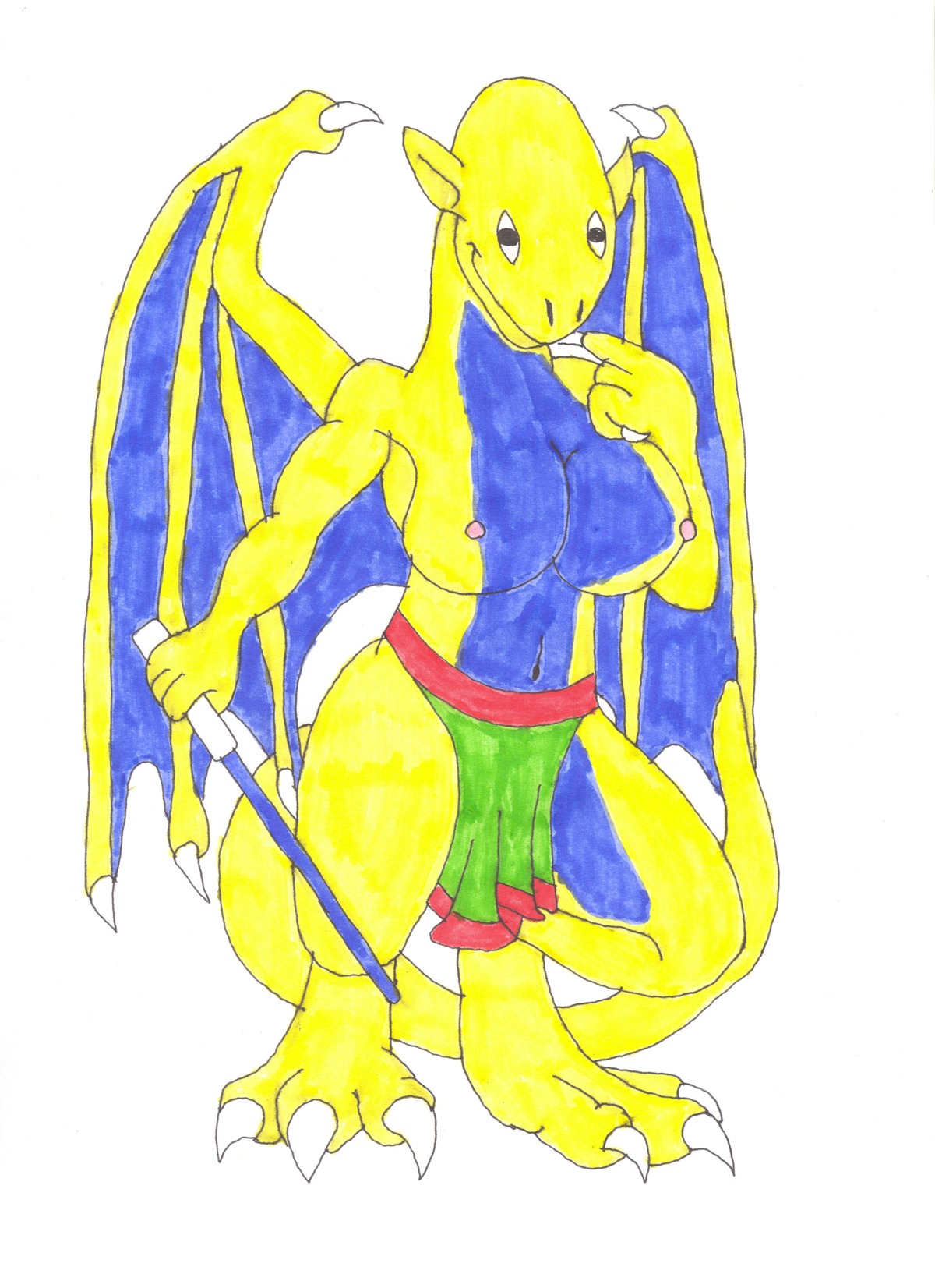 anthro barefoot biped bottomwear breasts chris-sowden claws clothed clothing countershading dragon e621 feet female full-length_portrait green_bottomwear green_clothing hi_res loincloth marker_(artwork) membrane_(anatomy) membranous_wings mythological_creature mythological_scalie mythology nipples non-mammal_breasts non-mammal_nipples portrait scalie simple_background solo tail topless traditional_media_(artwork) white_background wings