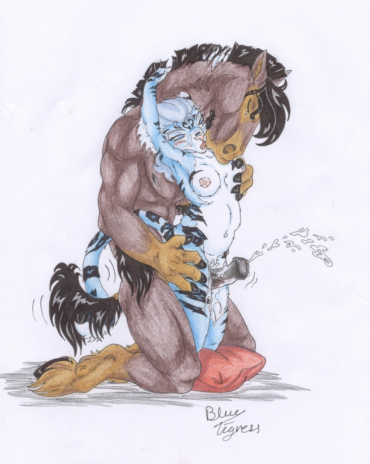 animal_genitalia animal_penis anthro anthro_on_anthro black black_penis blue bluetigress blush breasts brown closed_eyes couple cum cumshot equine female from_behind frottage fur furry grope handlebar hi_res horse horsecock intracrural juices kneeling male messy nipples nude orgasm penis penis_through_legs pillow pussy pussy_juice rule34 sex size_difference straight stripes tail white_background white_fur