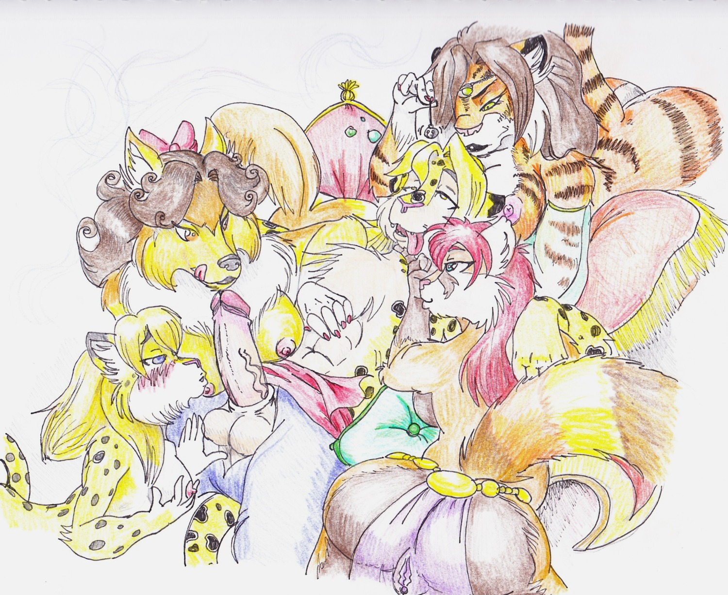 absurd_res ailurid alexander717 anthro areola armwear balls belly_dancer blonde_hair blue_eyes border_collie bottomwear breasts brown_body brown_eyes brown_fur brown_hair canid canine canis cheetah chest_tuft circlet cleavage clothed clothed_anthro clothed_female clothed_male clothing collie colored_pencil_(artwork) detached_sleeves domestic_dog e621 erect_nipples erection eyebrows eyelashes felid feline female female_anthro fur gangbang genitals gloves_(marking) group group_sex hair harem harem_girl harem_outfit herding_dog hi_res humanoid_genitalia humanoid_penis hypnosis inner_ear_fluff leopard loincloth male male/female male_anthro mammal markings mind_control mixed_media muscular nipples nude nude_anthro nude_female oldmangunda oldmangunda_(artist) pantherine pants pastoral_dog pen_(artwork) penis penis_poking_out penis_through_fly red_hair red_panda reverse_gangbang sex sheepdog skimpy tiger topless topless_anthro topless_female topless_male traditional_media_(artwork) translucent translucent_clothing translucent_loincloth tuft vulva white_inner_ear_fluff yellow_body yellow_eyes yellow_fur