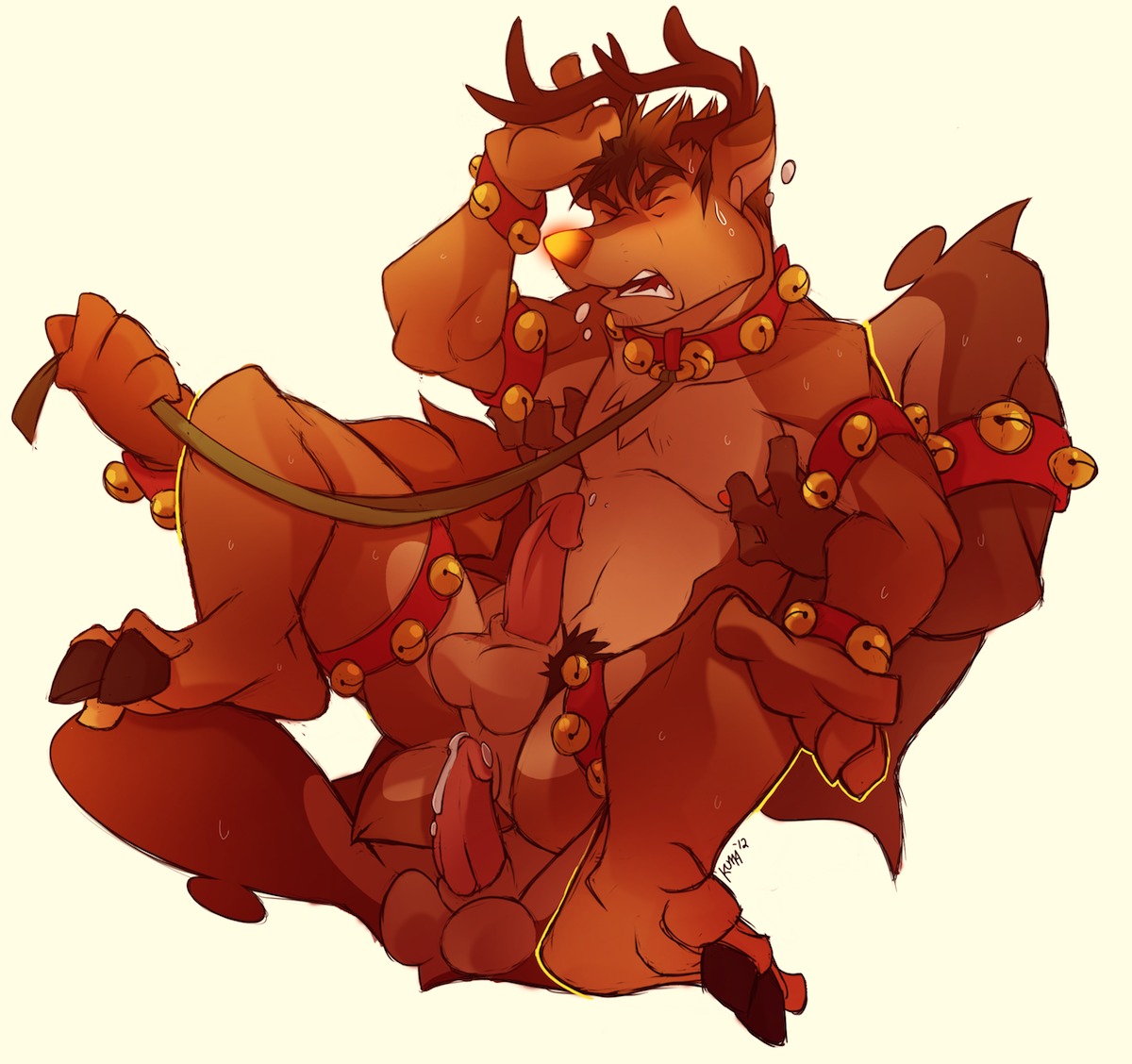 animal_genitalia antlers balls bodily_fluids cum deer duo e621 erection genital_fluids genitals horn humanoid_genitalia humanoid_penis kuma male mammal new_world_deer penis reindeer sex sheath solo_focus transformation transformation_through_sex