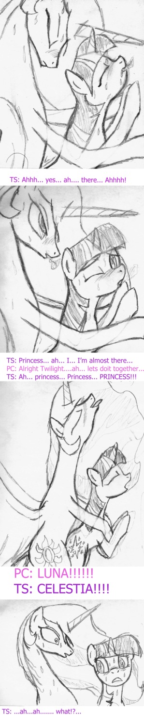 2012 absurd_res awkward black_and_white blush bodily_fluids comic cutie_mark dialogue duo e621 english_text equid equine feathered_wings feathers female female/female feral friendship_is_magic fur hair hasbro hi_res horn long_image looking_back mammal monochrome my_little_pony mythological_creature mythological_equine mythology princess princess_celestia_(mlp) royalty sex sketch sweat tall_image text twilight_sparkle_(mlp) unicorn unknown_artist winged_unicorn wings
