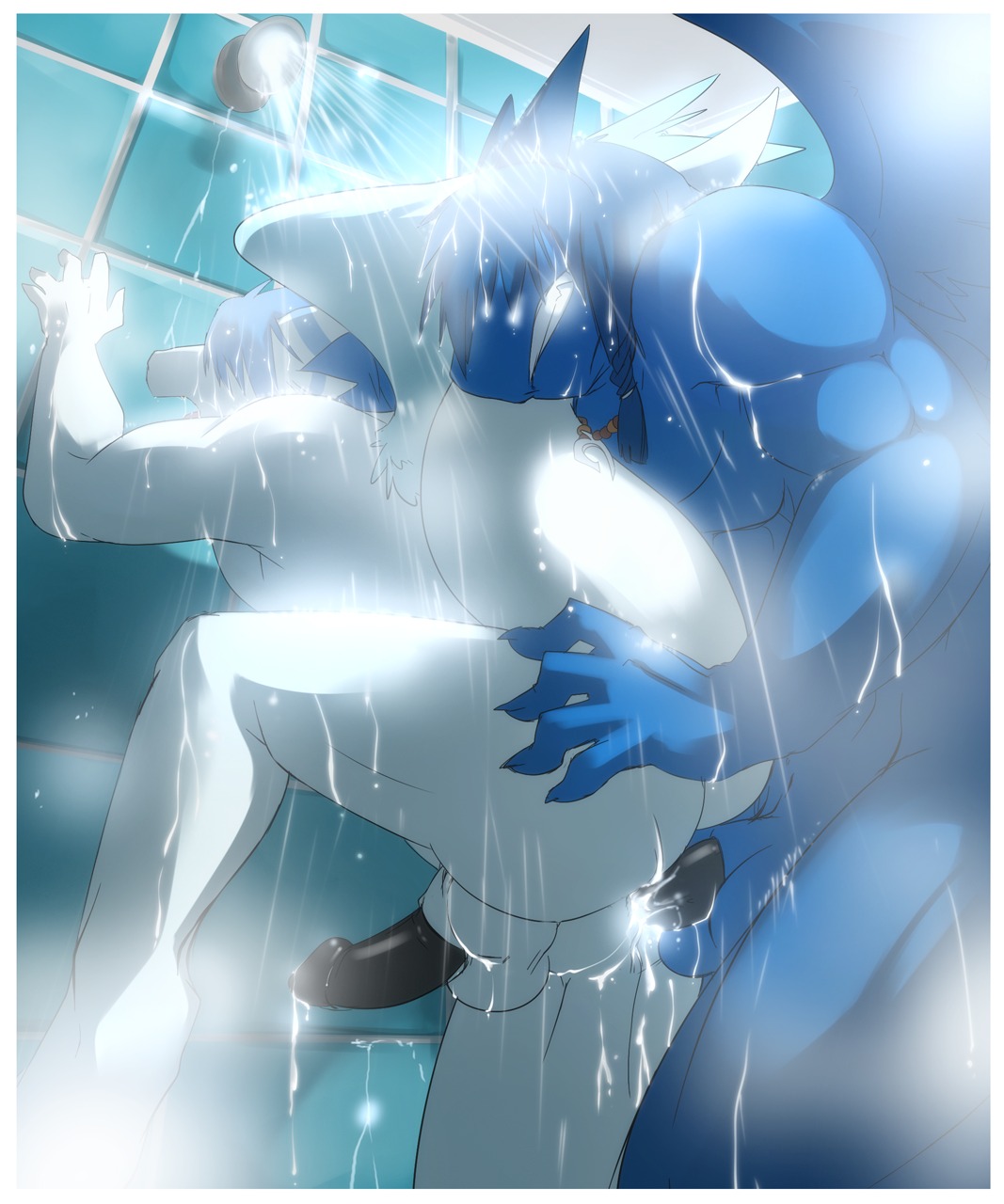 abs against_surface against_wall anal anal_penetration animal_genitalia anthro athletic backsack balls biceps big_muscles big_penis black_penis blue_balls blue_body blue_hair blue_skin bodily_fluids border braided_hair butt butt_grab claws clenched_teeth cum cum_drip cum_in_ass cum_inside cum_on_butt cum_on_leg detailed_background dragon dripping duo e621 erection european_mythology eyes_closed fangs feathered_wings feathers from_behind_position fur genital_fluids genitals gilian gilian_(character) hair hand_on_butt hi_res horn inside kubikitsune leaking low-angle_view male male/male male_penetrated male_penetrating male_penetrating_male muscular muscular_male mythological_creature mythological_scalie mythology nude orgasm pecs penetration penis raised_leg restricted_palette scales scalie sex sheath shower standing suunto tail teeth tile tile_wall wall_(structure) water western_dragon wet white_balls white_body white_border white_fur wings