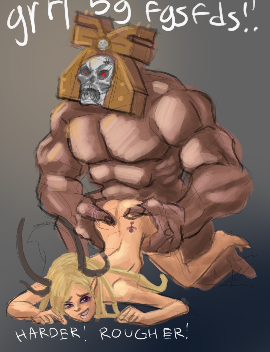1girls blonde_hair chaos_(warhammer) dialogue doggy_style english_text female greenmarine hand_on_ass khorne muscular_male purple_eyes rough_sex rule34 sex slaanesh straight straight_sex text top-down_bottom-up warhammer_(franchise) warhammer_40k