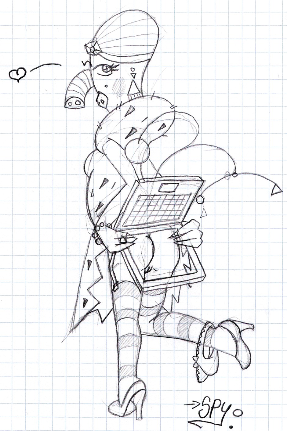 1girls ass blush cartoon_network cleft_of_venus duchess_(fhfif) earrings elephant_trunk female foster's_home_for_imaginary_friends from_behind full_body garter_straps heart laptop lips lipstick looking_at_viewer looking_back monochrome older_female panties_around_leg pumps pussy rough_sketch rule34 solo spy_(artist) standing striped_legwear thighhighs turban