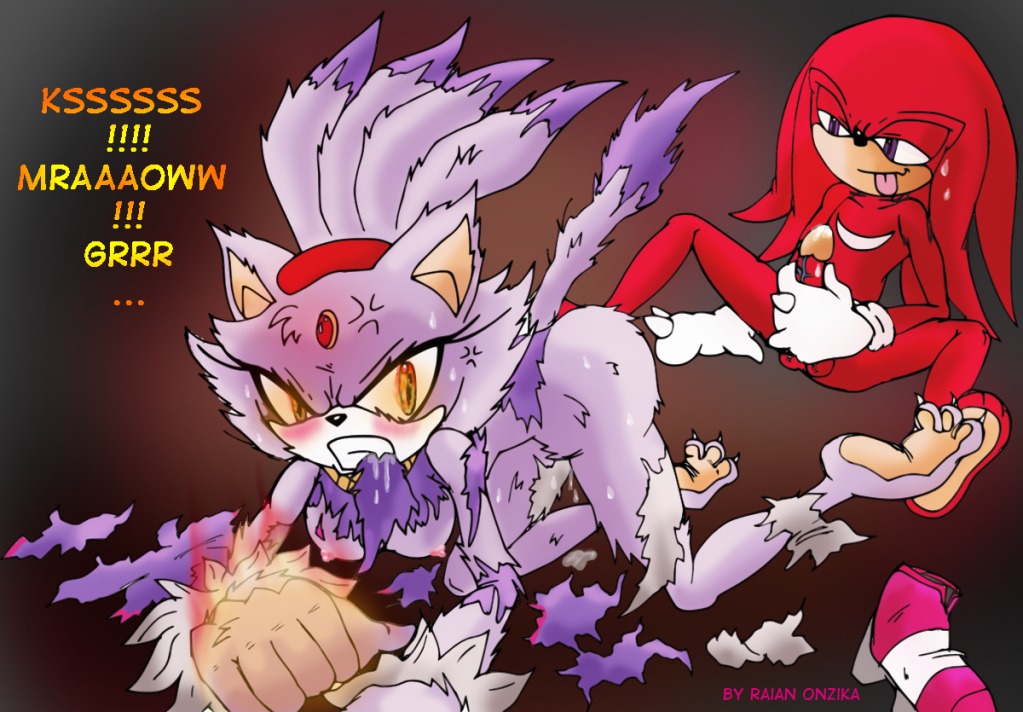 amber_eyes angry anthro blaze_the_cat blush bodily_fluids breasts clothing domestic_cat duo e621 echidna erection fangs felid feline felis female fire genitals glans humanoid_genitalia humanoid_penis knuckles_the_echidna looking_at_viewer male mammal masturbation monotreme nipples penile penile_masturbation penis purple_eyes raianonzika sega sonic_the_hedgehog_(series) sweat tail teeth tongue tongue_out torn_clothing