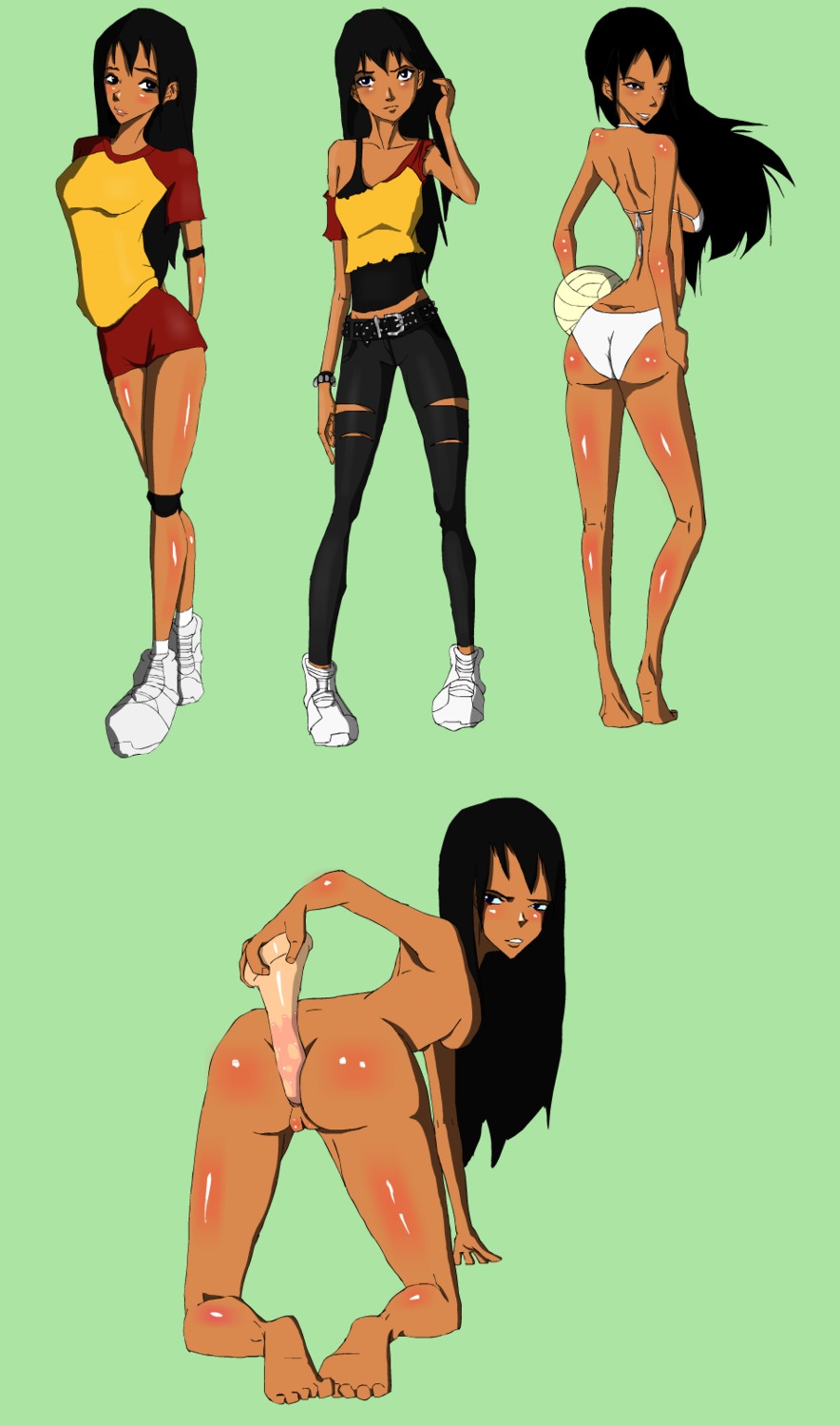 1girls anal_insertion anal_secretions ass bikini black_hair blush breasts clothed/nude dark-skinned_female dark_skin dildo female female_only green_background long_hair looking_back ming_long-dou multiple_poses nude pussy rule34 sex_toy shiny_skin sideboob solo stevejobs tagme the_boondocks transparent_background volleyball vulva