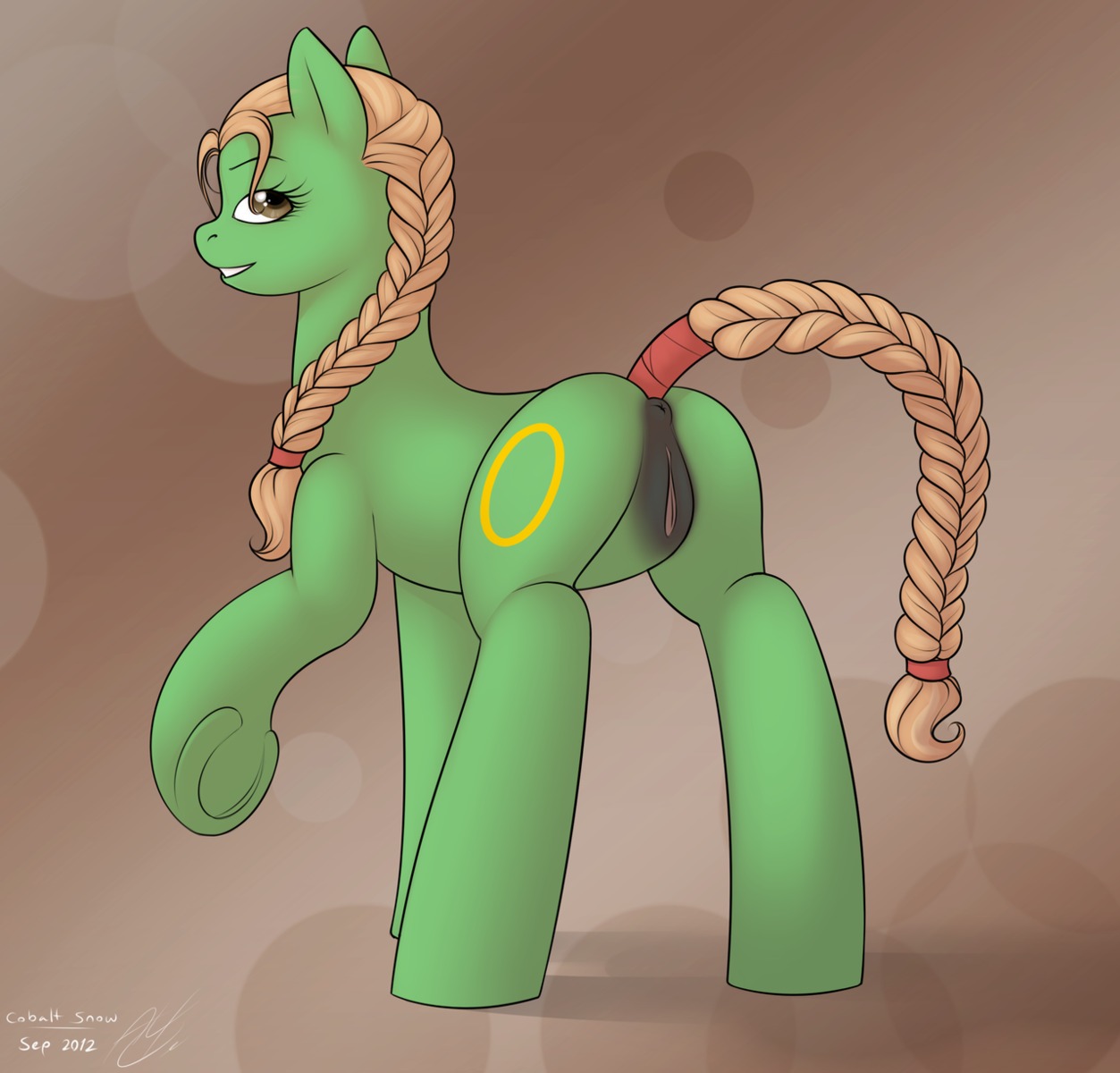 2012 anus braided_hair braided_tail butt cobalt_snow conditional_dnp cutie_mark digital_media_(artwork) e621 earth_pony equid equine fan_character female feral genitals hair hasbro hi_res horse looking_at_viewer looking_back mammal my_little_pony pony solo tail tail_wraps vulva wraps