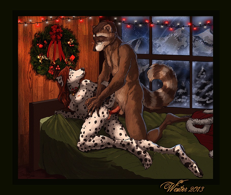2013 anthro anus balls breasts canid canine canis christmas collar dalmatian domestic_dog duo e621 erection eyes_closed eyewear female female_penetrated from_behind_position genitals glasses hair holidays kara_(was1) lying male male/female male_penetrating male_penetrating_female mammal nude on_side penetration penile penile_penetration penis penis_in_vagina phil_(was1) procyonid raccoon red_hair seskata sex snow vaginal vaginal_penetration vulva winter