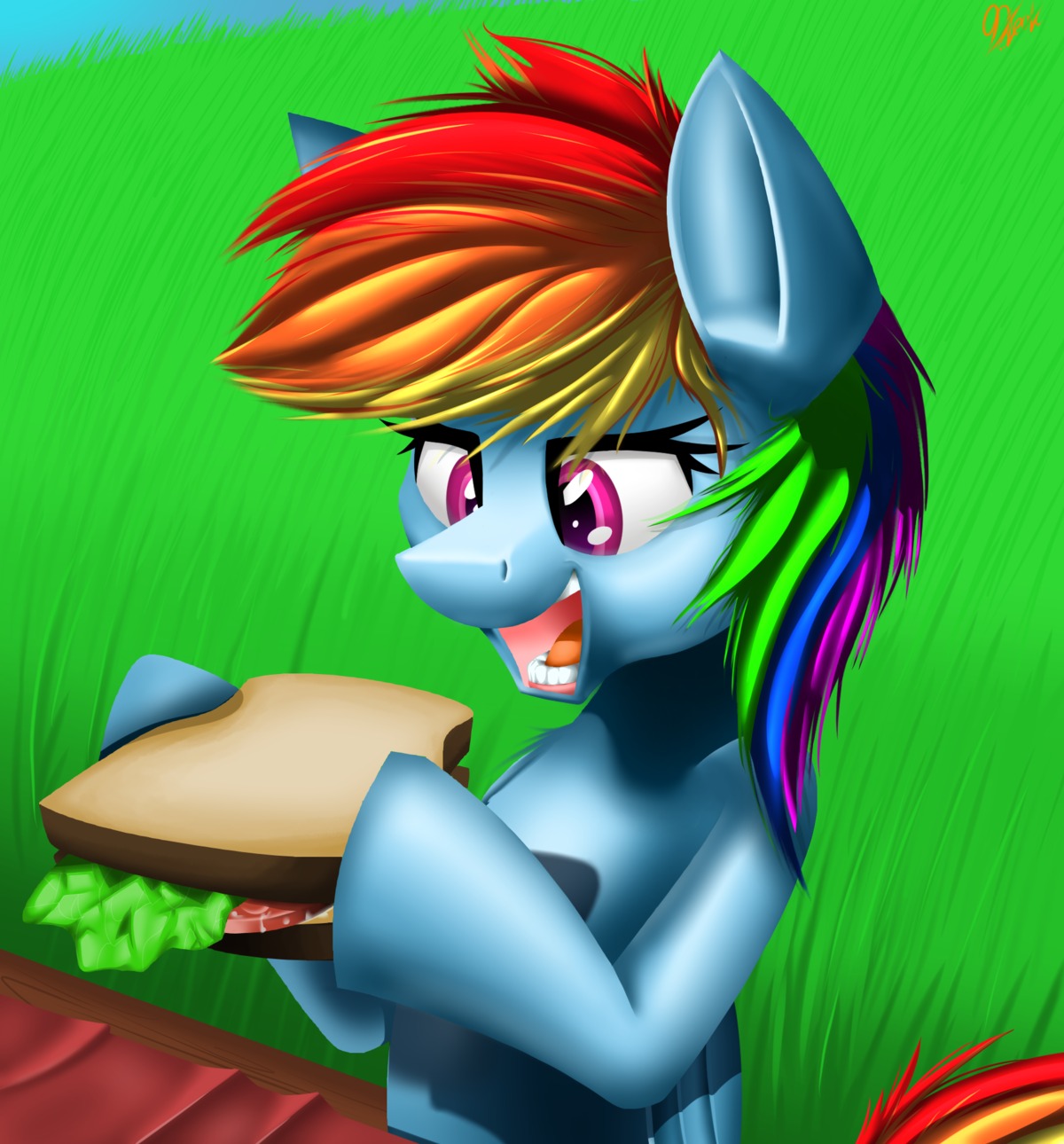 blue_body blue_feathers blue_fur digital_media_(artwork) e621 eating equid equine feathered_wings feathers female feral food friendship_is_magic fur hair hasbro hi_res mammal multicolored_hair my_little_pony mythological_creature mythological_equine mythology open_mouth pegasus rainbow_dash_(mlp) rainbow_hair ralek sandwich_(food) solo teeth tongue wings