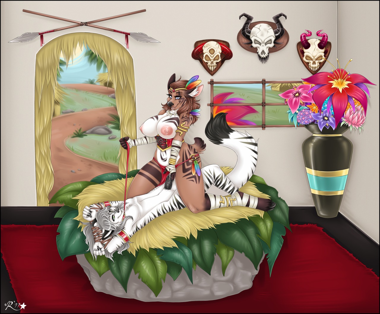 1boy 1girls 2011 2d amazon anthro bed bondage bound breasts canine color cowgirl_position day digital_media feline female full_body fur furry indoors interspecies leash lying male on_back pussy roum rule34 sex straddle straight tiger vaginal_penetration vase white_tiger wolf zal zuri