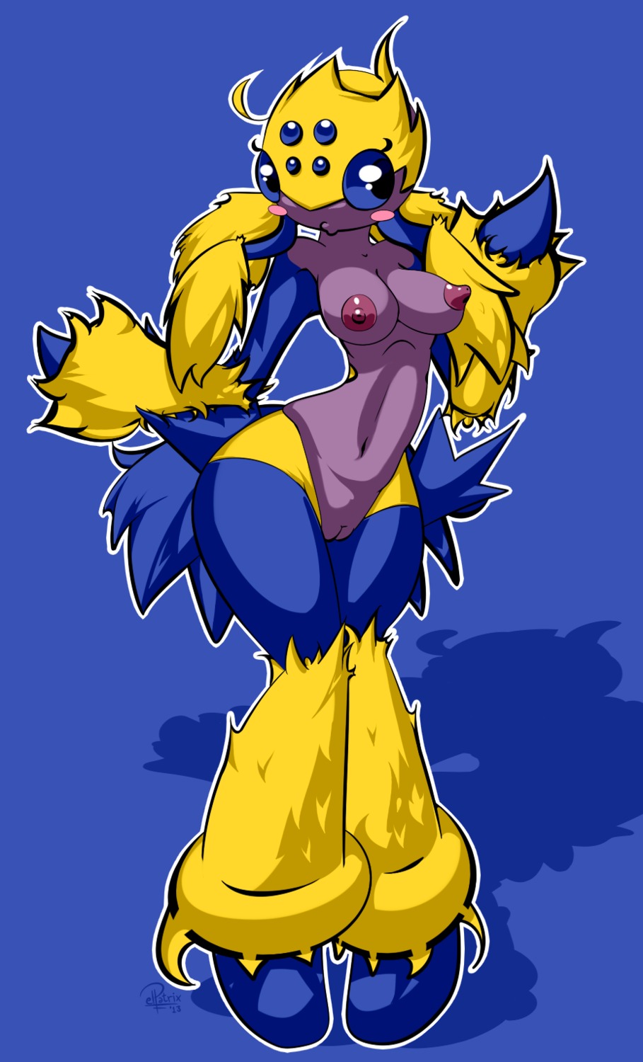 2013 anthro anthrofied arachnid arthropod blue_eyes blush breasts digital_media_(artwork) discostik_(elpatrixf) e621 elpatrixf erect_nipples female galvantula generation_5_pokemon genitals hi_res multi_eye navel nintendo nipples non-mammal_breasts non-mammal_nipples nude nude_anthro nude_female outline pedipalps pokemon pokemon_(species) pokemorph purple_body purple_nipples purple_skin purple_vulva simple_background solo vulva white_outline wide_hips