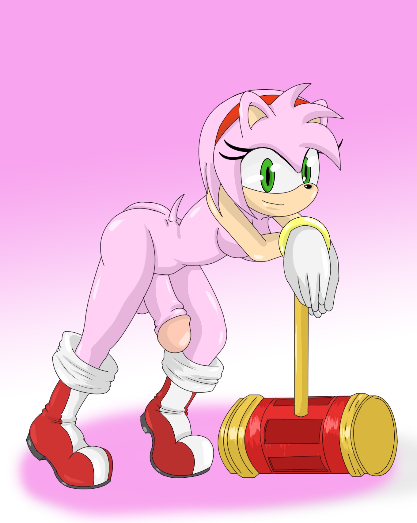 amy_rose anthro biped breasts clothing e621 erection eulipotyphlan eyelashes footwear genitals gloves gradient_background green_eyes gynomorph hammer handwear hedgehog hi_res humanoid_genitalia humanoid_penis intersex mammal melee_weapon mostly_nude penis piko_piko_hammer pink_background pink_body sega shoes simple_background solo sonic_the_hedgehog_(series) tools weapon white_clothing white_gloves white_handwear クロギツネ
