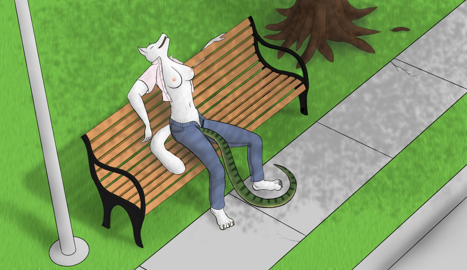 ambiguous_gender ambiguous_on_anthro ambiguous_prey anthro anthro_on_feral arctic_fox bench bestiality bottomwear breasts canid canine clothed clothing curb denim denim_bottomwear denim_clothing digital_media_(artwork) duo e621 exhibitionism eyes_closed female female_on_feral female_pred feral fox grass hi_res high-angle_view holding_breath jeans mammal nipples on_bench open_bottomwear open_clothing open_mouth open_pants outside pants park penetration plant public reptile rlctntfr scalie shadow sidewalk snake snaked solo_focus street tail tree true_fox unbirthing vaginal vaginal_penetration vore wood