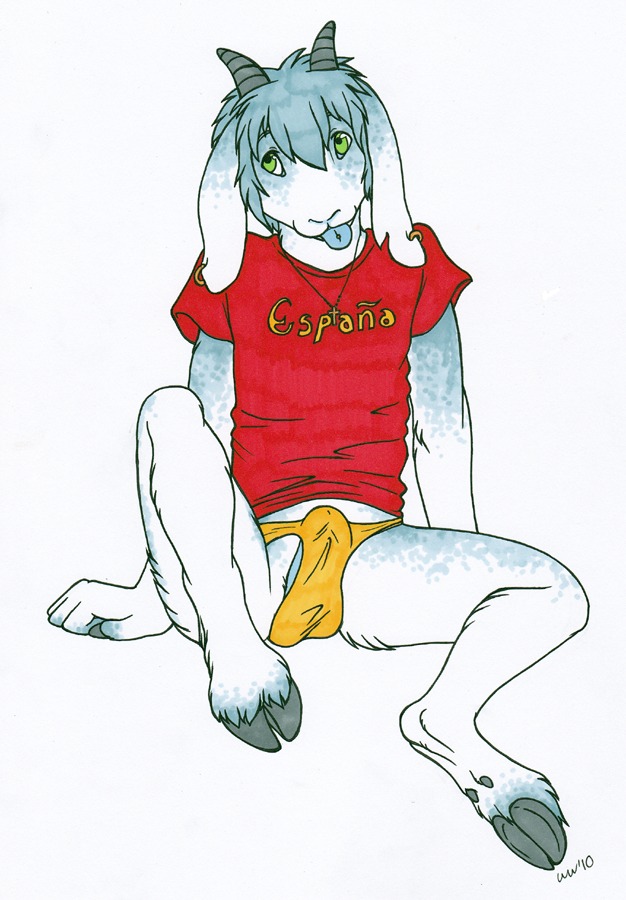 2010 anthro blue_penis bovid bulge caprine clothed clothing cross cross_necklace e621 ear_piercing erection erection_under_clothing genitals goat horn jewelry male mammal necklace noktivus penis piercing solo spanish_text tenting text tongue translated underwear