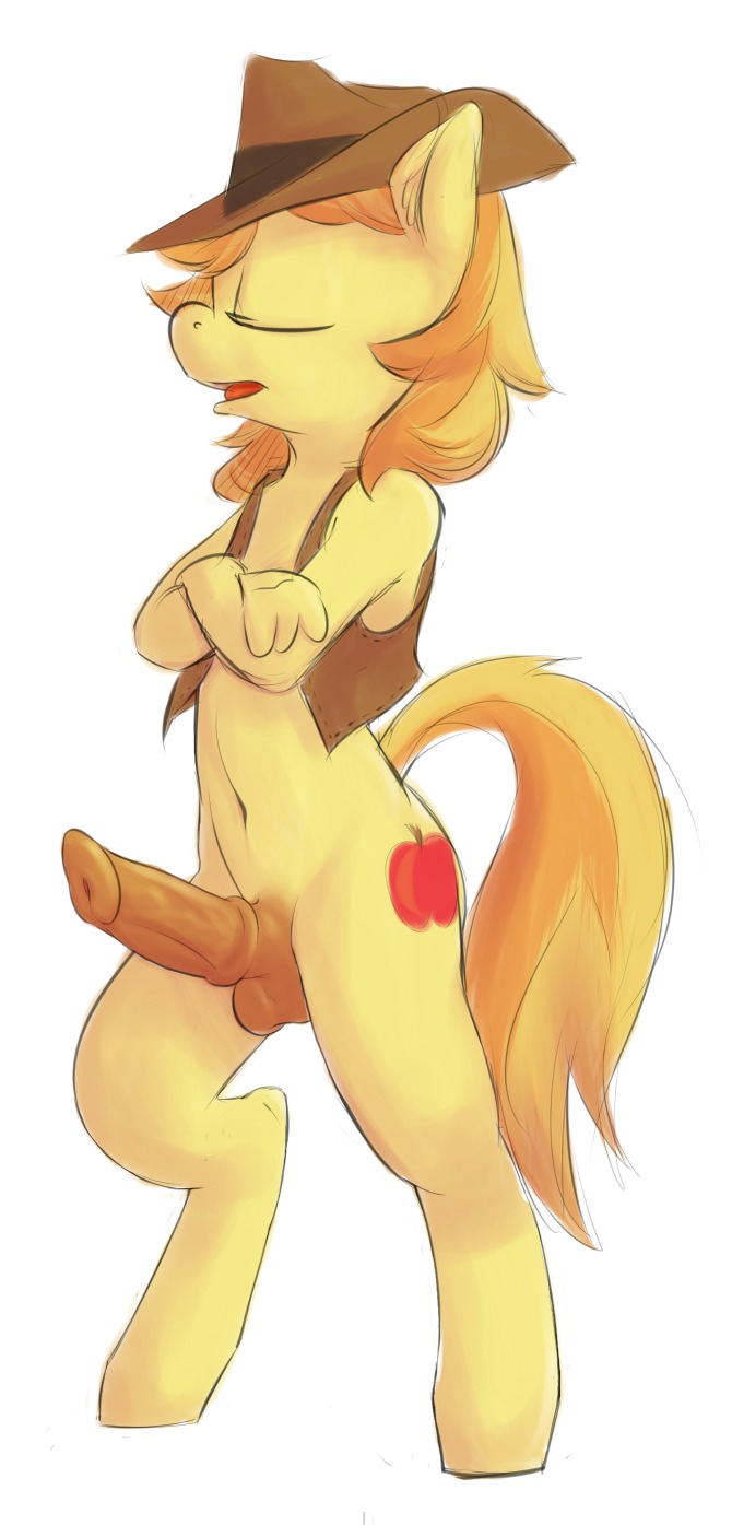 2013 animal_genitalia animal_penis anthro anthrofied balls big_penis biped blonde_hair bottomless braeburn_(mlp) brown_penis clothed clothing cowboy_hat crossed_arms cutie_mark e621 earth_pony equid equine equine_genitalia equine_penis erection eyes_closed friendship_is_magic fur genitals hair hasbro hat headgear headwear hi_res horse male mammal my_little_pony navel open_mouth penis pepperoach pony side_view simple_background solo standing thick_penis tongue topwear vest yellow_body yellow_fur