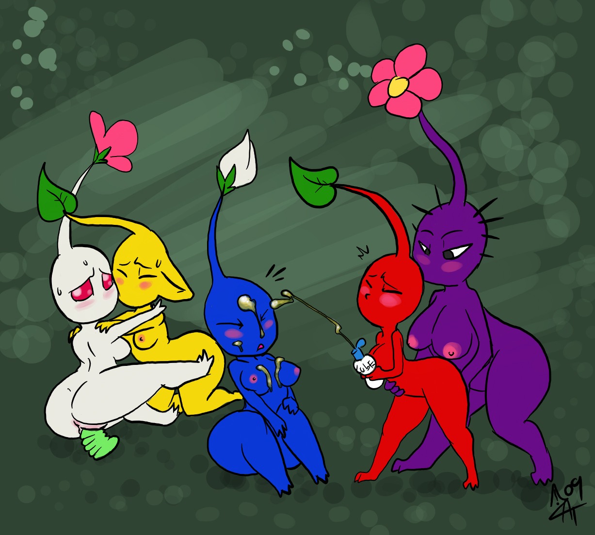 blue_pikmin bud curvy female flower group_sex leaf lube pikmin pikmin_(species) purple_pikmin red_pikmin rule34 sex_toy sweat white_pikmin yellow_pikmin yuri
