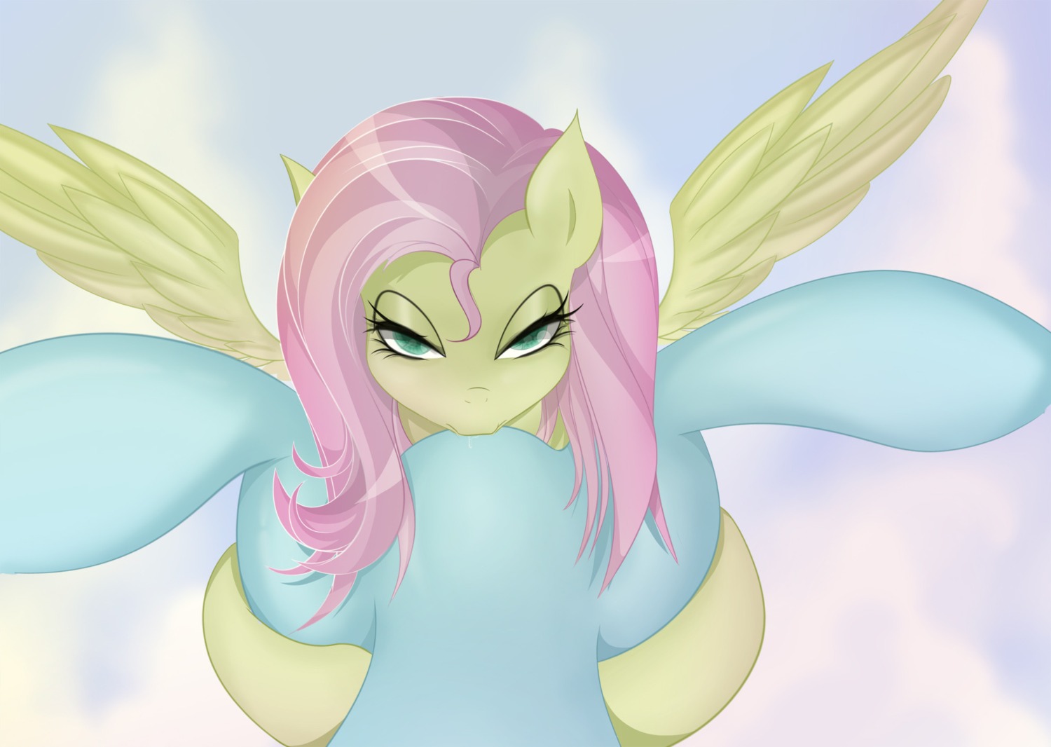 2012 bodily_fluids cunnilingus duo e621 equid equine feathered_wings feathers featureless_crotch female female/female female_pov first_person_view fluttershy_(mlp) friendship_is_magic green_eyes hair hasbro hi_res looking_at_viewer mammal my_little_pony mythological_creature mythological_equine mythology oral pegasus pink_hair saliva sex v-invidia vaginal wings yellow_body yellow_feathers
