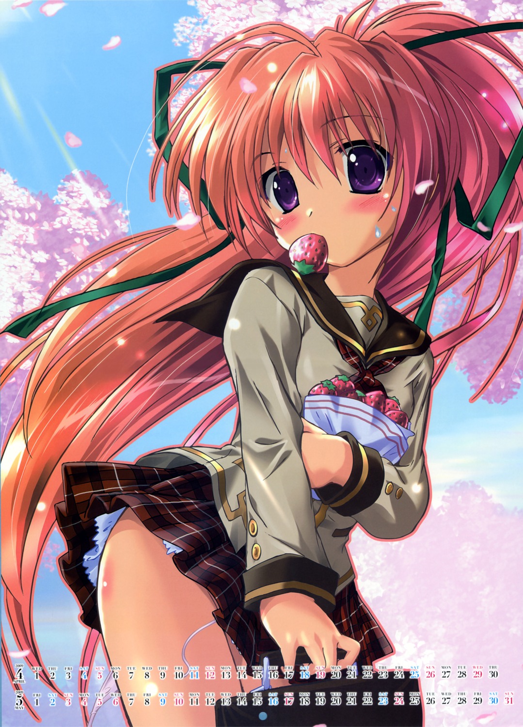 1girls calendar_(medium) female fixed food fruit high_resolution huge_filesize komatsu_eiji ponytail red_hair rule34 school_uniform solo strawberry tied_hair